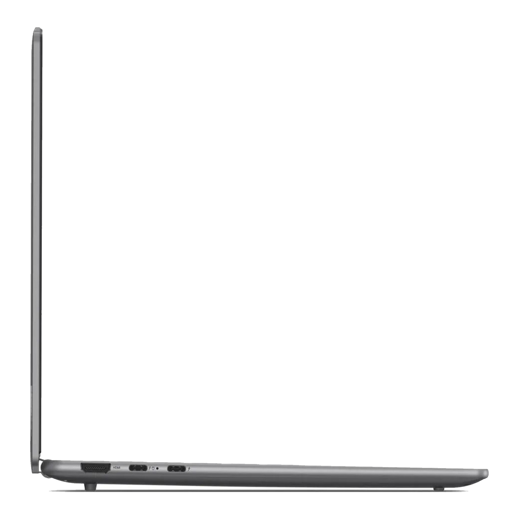 HDMI ve USB-C portlu gri dizüstü bilgisayar, yan görünüm.
