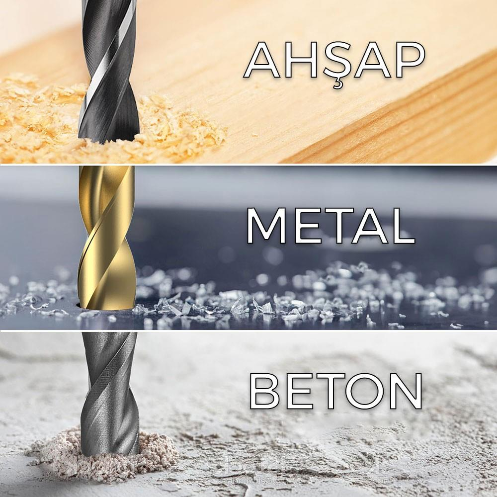 Matkaplar ahşap, metal ve betonu deliyor. Yakın çekim.