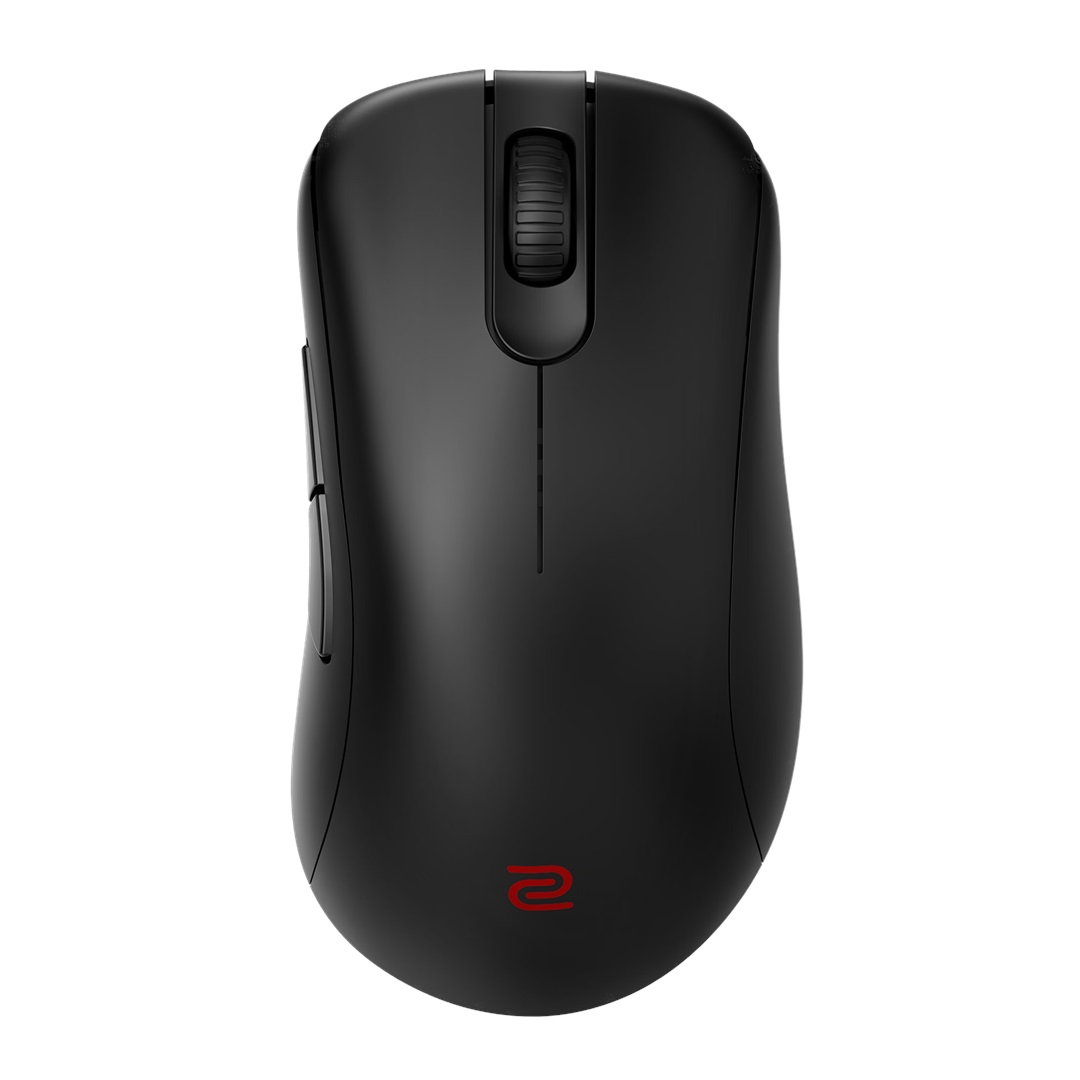 Mouse nero con rotellina e due pulsanti laterali, logo rosso in basso.