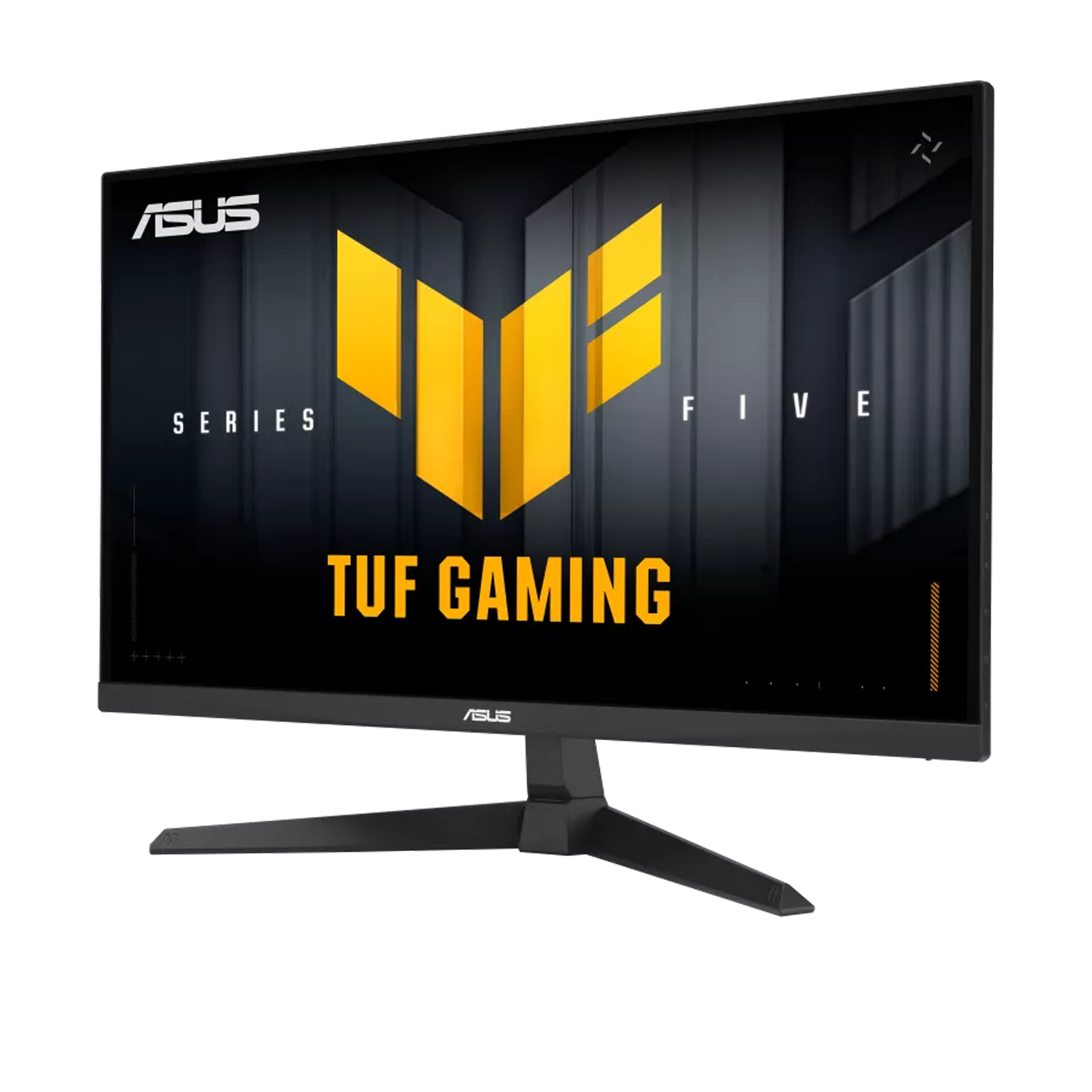 Ekranında sarı logo bulunan siyah bir Asus TUF Gaming monitör.