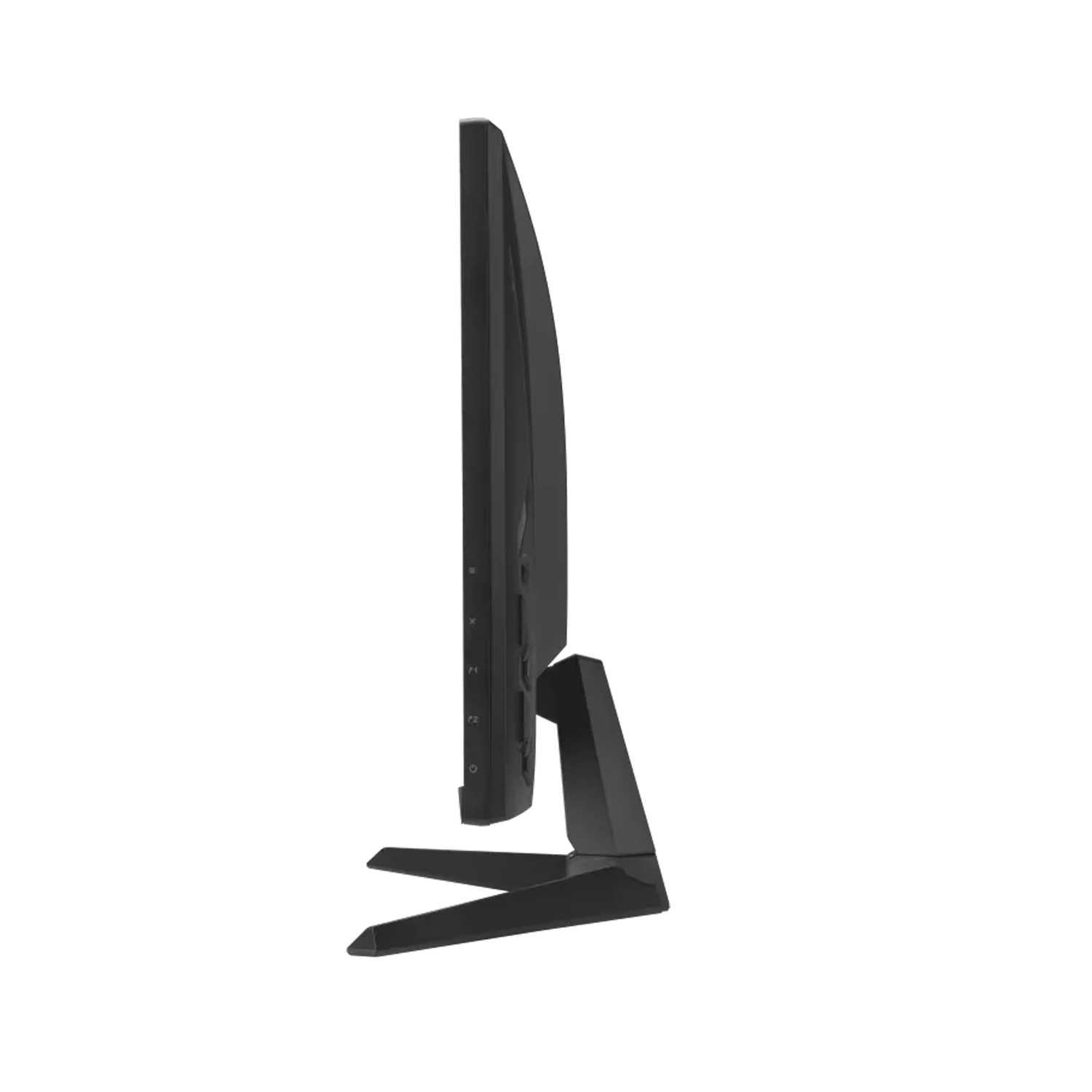Bir stand üzerinde siyah bilgisayar monitörünün yan görünümü.