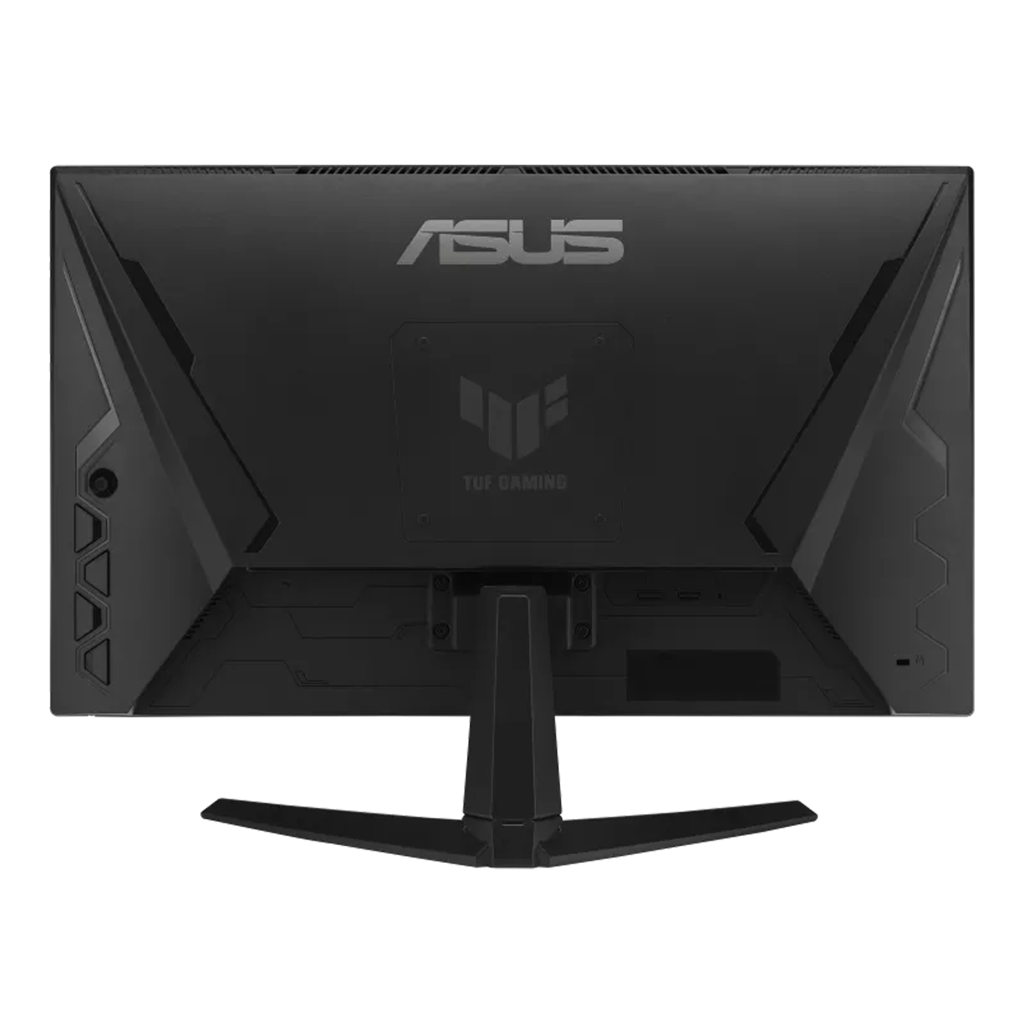 Gümüş logolu ve stantlı siyah Asus oyuncu monitörünün arkası.