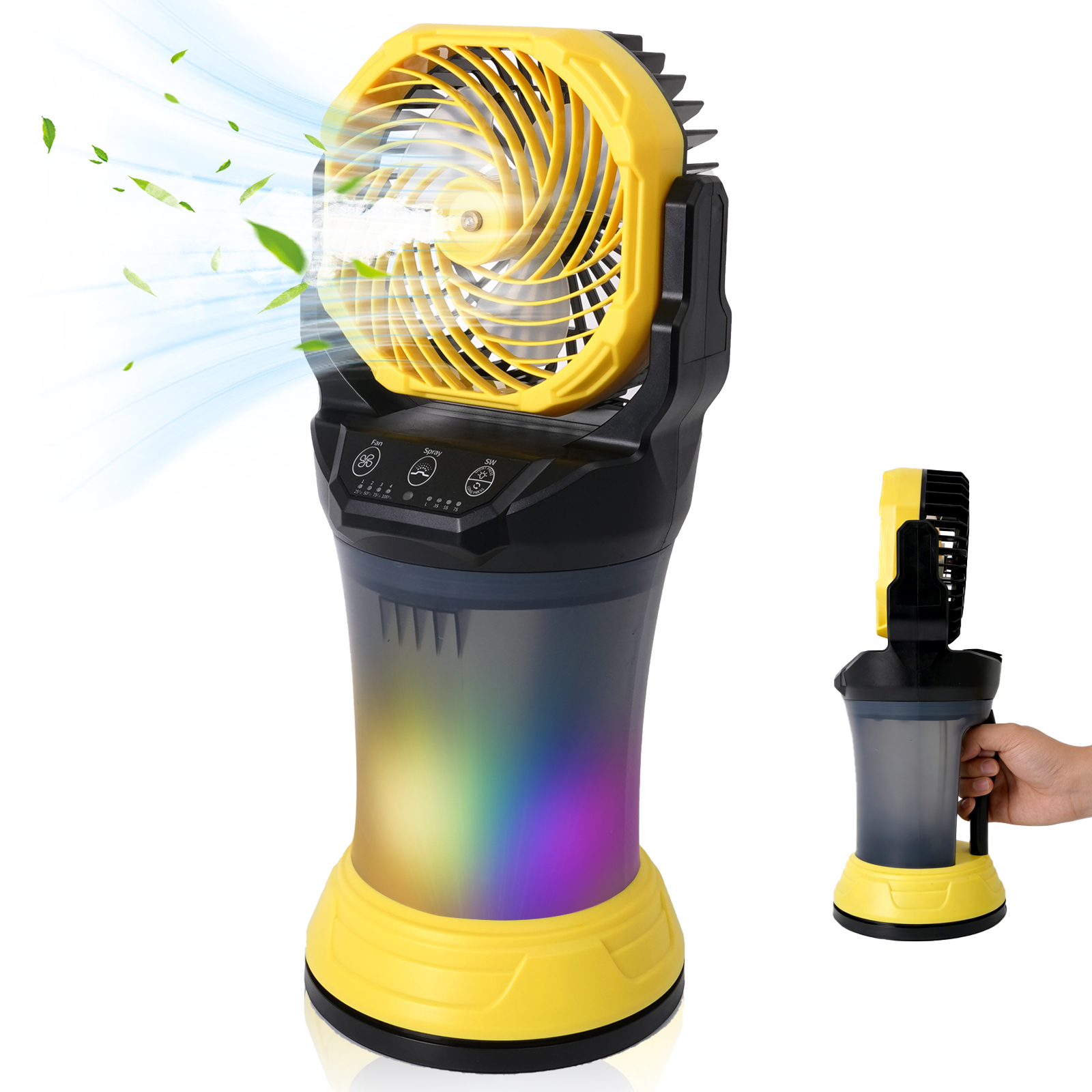 Ein gelber und schwarzer Lüfter mit Regenbogenlicht unten. Ein zweiter Lüfter wird gezeigt.