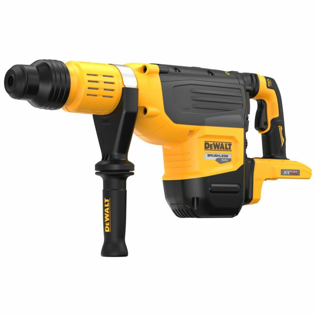 Ein gelber und schwarzer Bohrhammer mit Zusatzgriff und DeWalt-Logo.