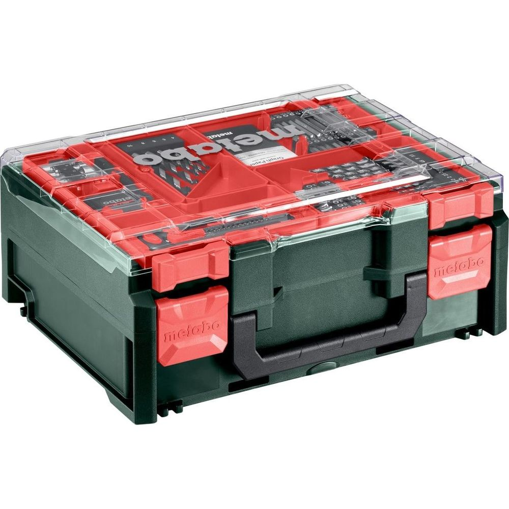 Grüner Werkzeugkasten mit transparentem Deckel und roten Verschlüssen.