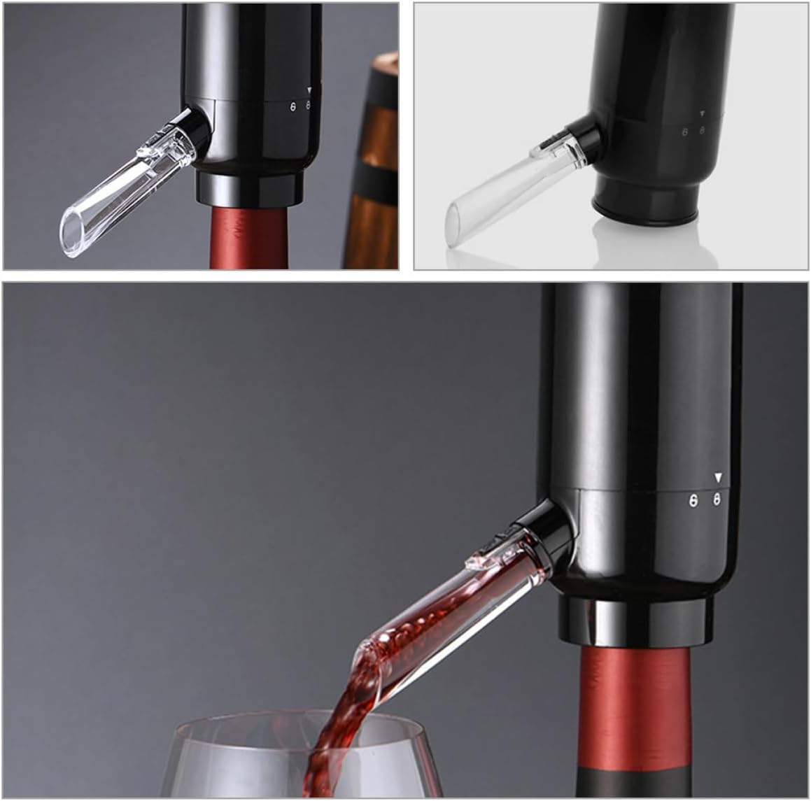 Ein schwarzer Weinbelüfter mit Ausgießer, der Rotwein in ein Glas gießt.