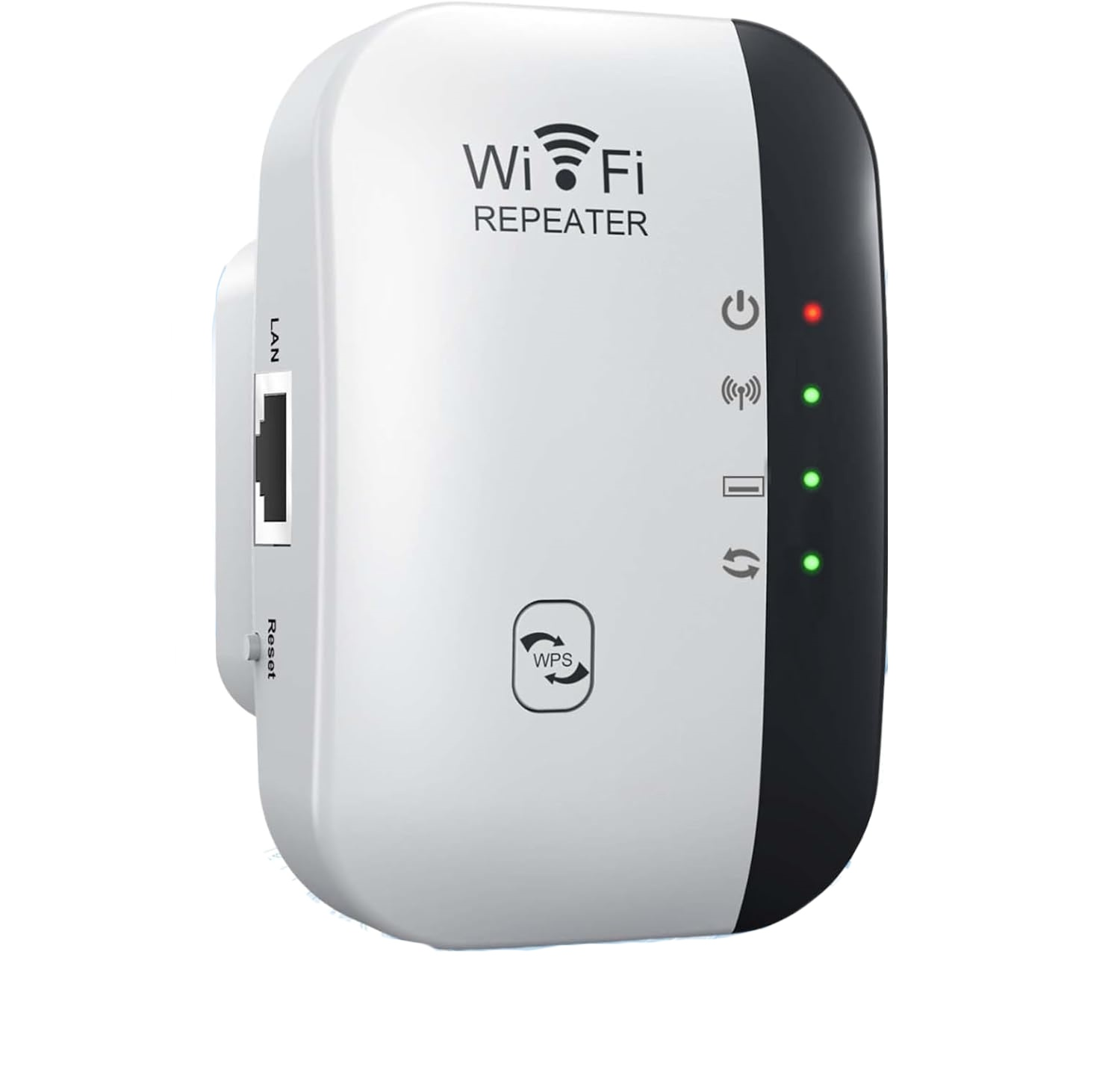 Ein weißer WLAN-Repeater mit schwarzem Akzent und LEDs. LAN- und Reset-Anschlüsse an der Seite.