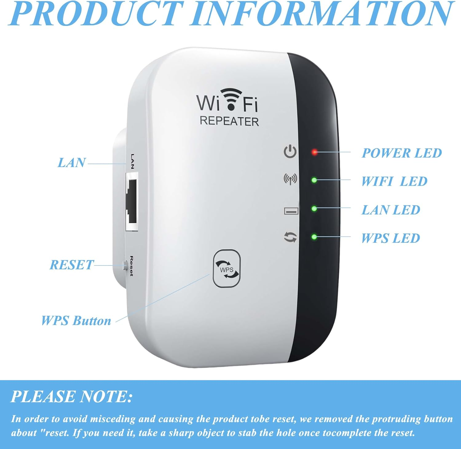Weißer WLAN-Repeater mit Beschriftungen für LAN, Reset, WPS und LEDs.