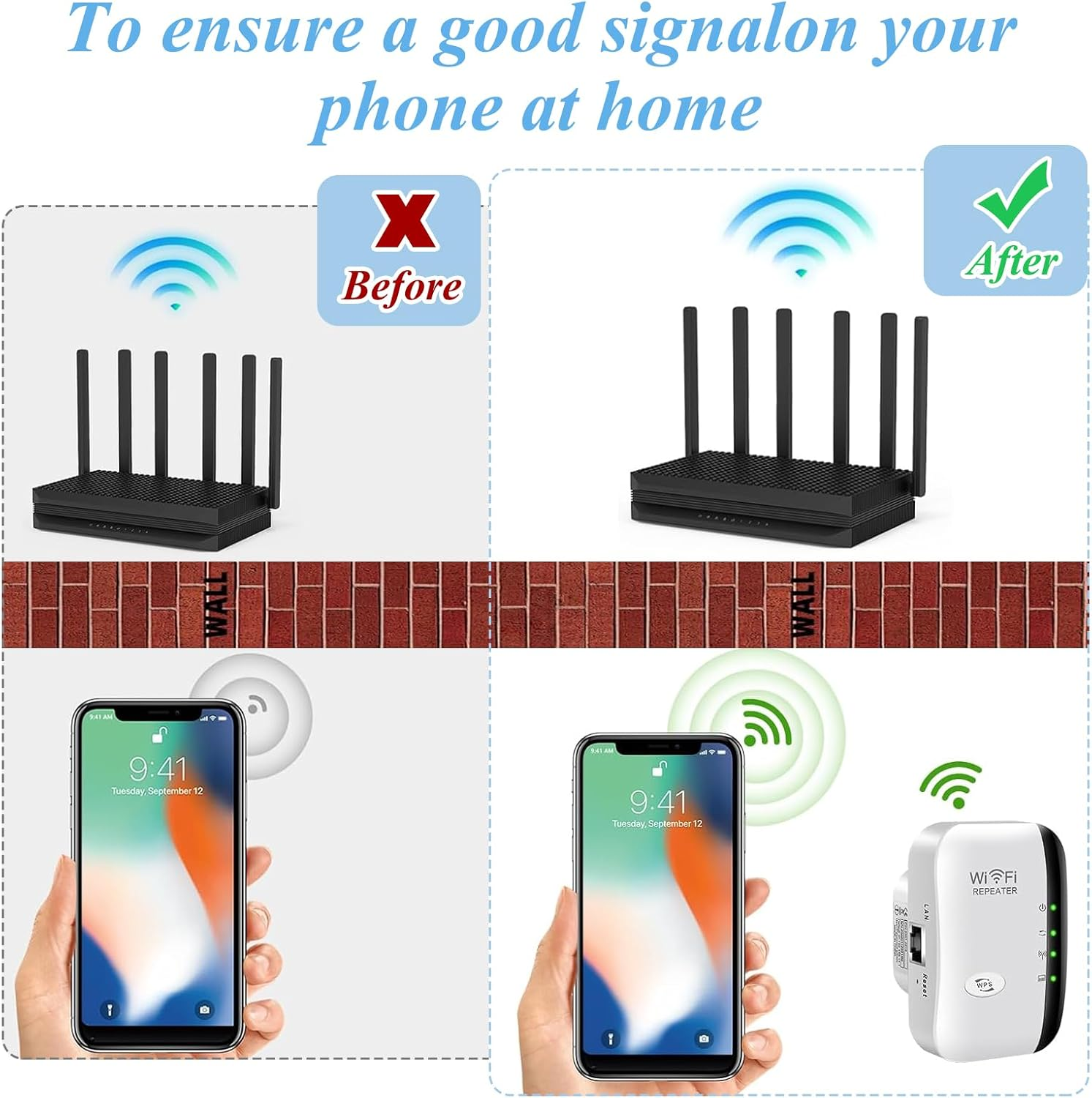 Vergleich: Router mit schlechtem Signal und Handy vor/nach Repeater-Nutzung.