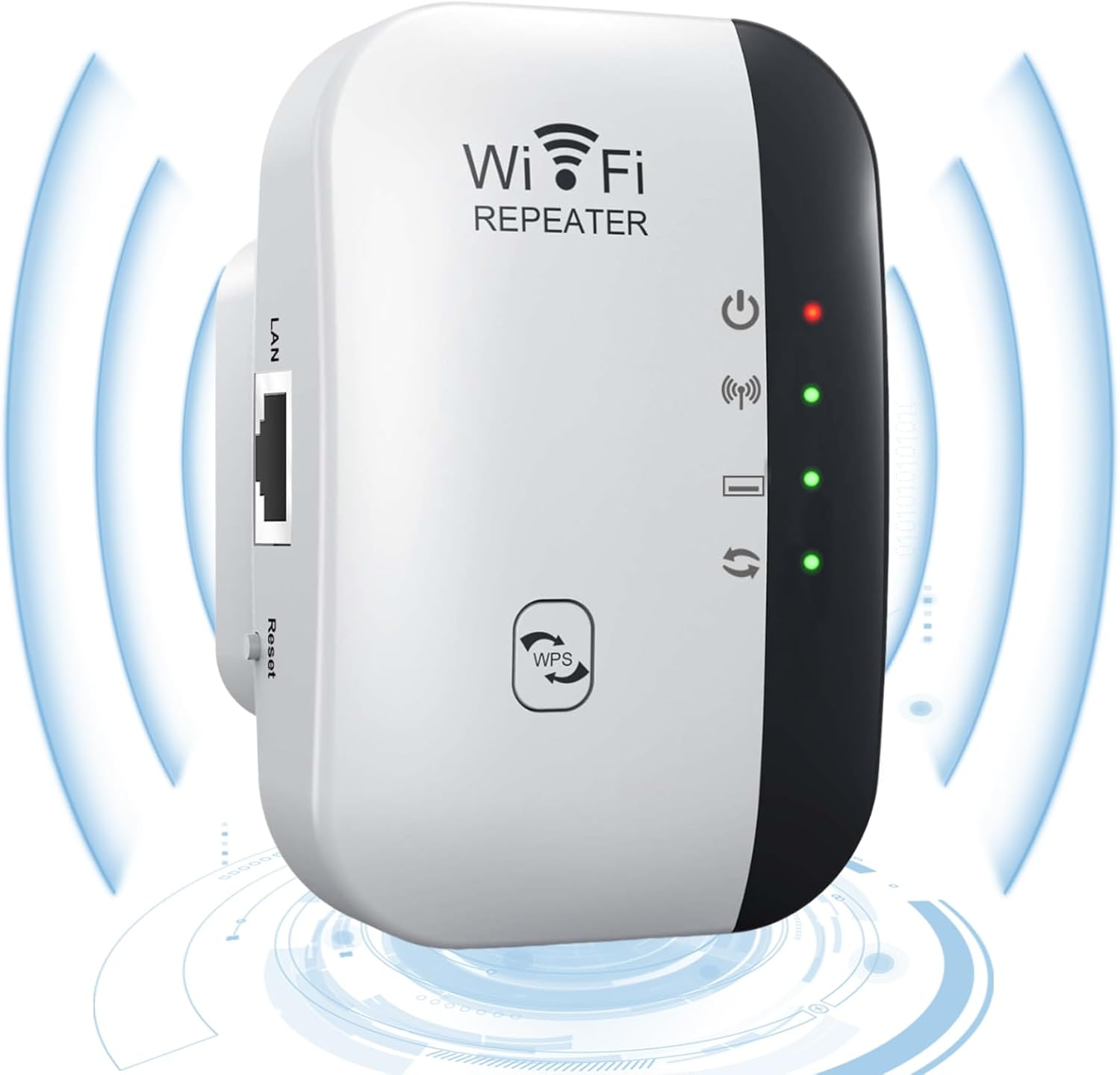 Ein weißer WLAN-Repeater mit schwarzer Seite und LEDs. LAN-Anschluss und WPS-Taste sichtbar.