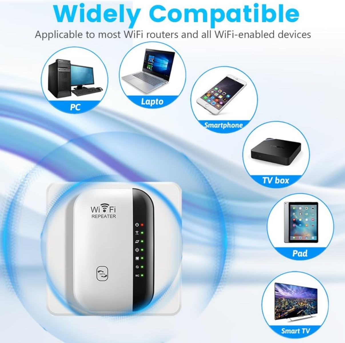Ein WLAN-Repeater mit PC, Laptop, Smartphone, TV-Box, Pad und Smart TV.
