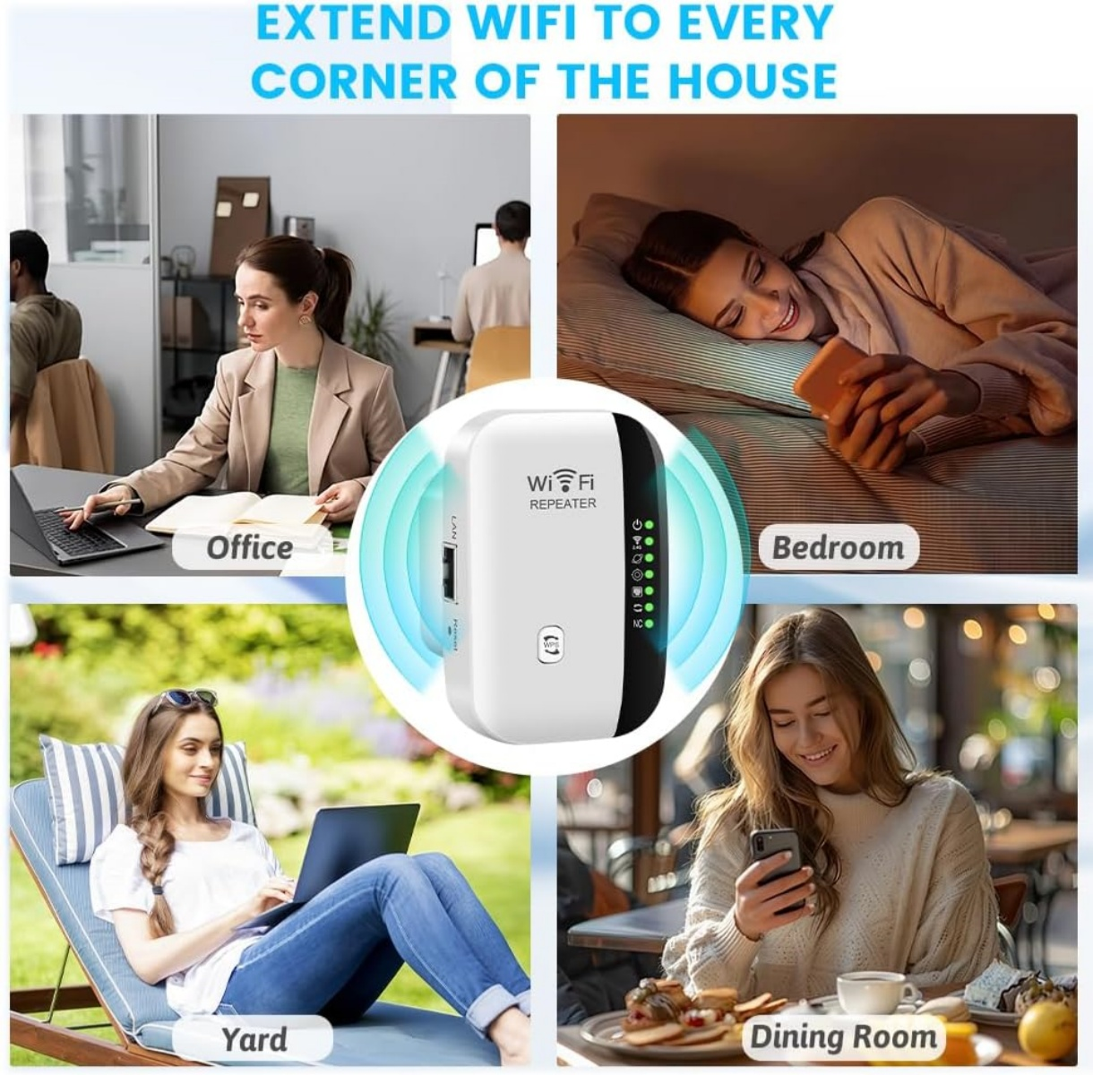 Ein WLAN-Repeater wird gezeigt, der in verschiedenen Räumen verwendet wird: Büro, Schlafzimmer, Garten, Esszimmer.