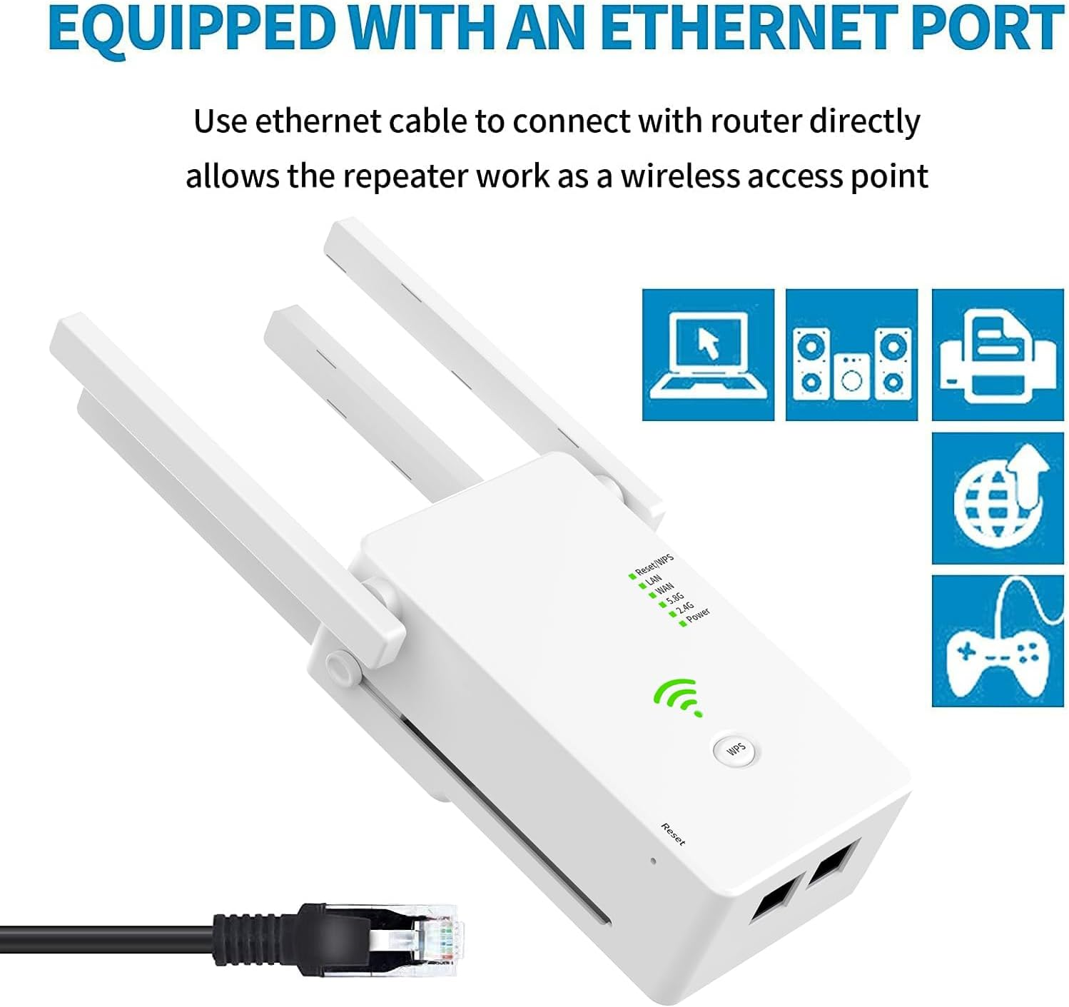 Ein weißer WLAN-Repeater mit Antennen und Ethernet-Anschluss.