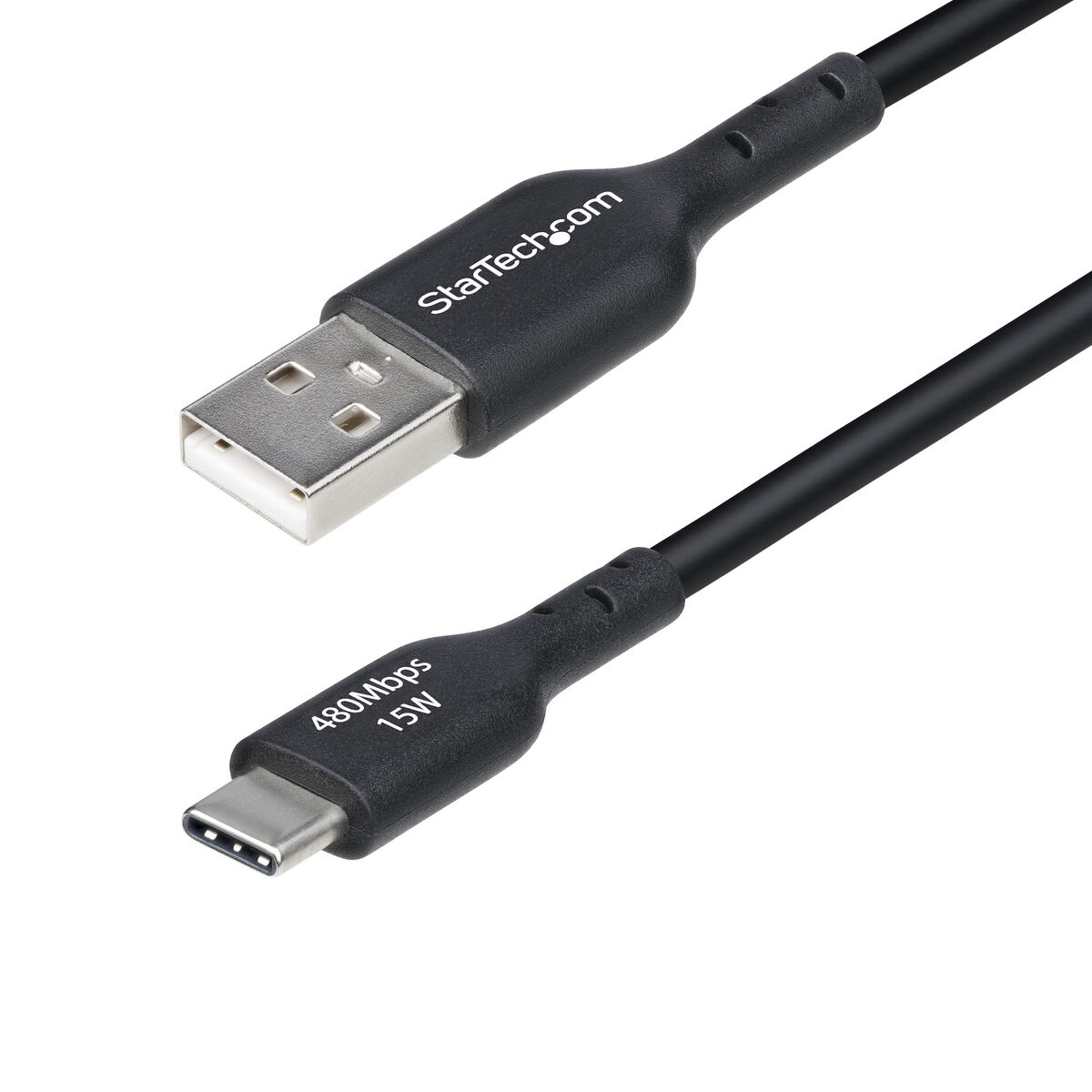 Schwarzes USB-A-zu-USB-C-Kabel mit StarTech.com-Logo und 480 Mbps 15W-Angabe.