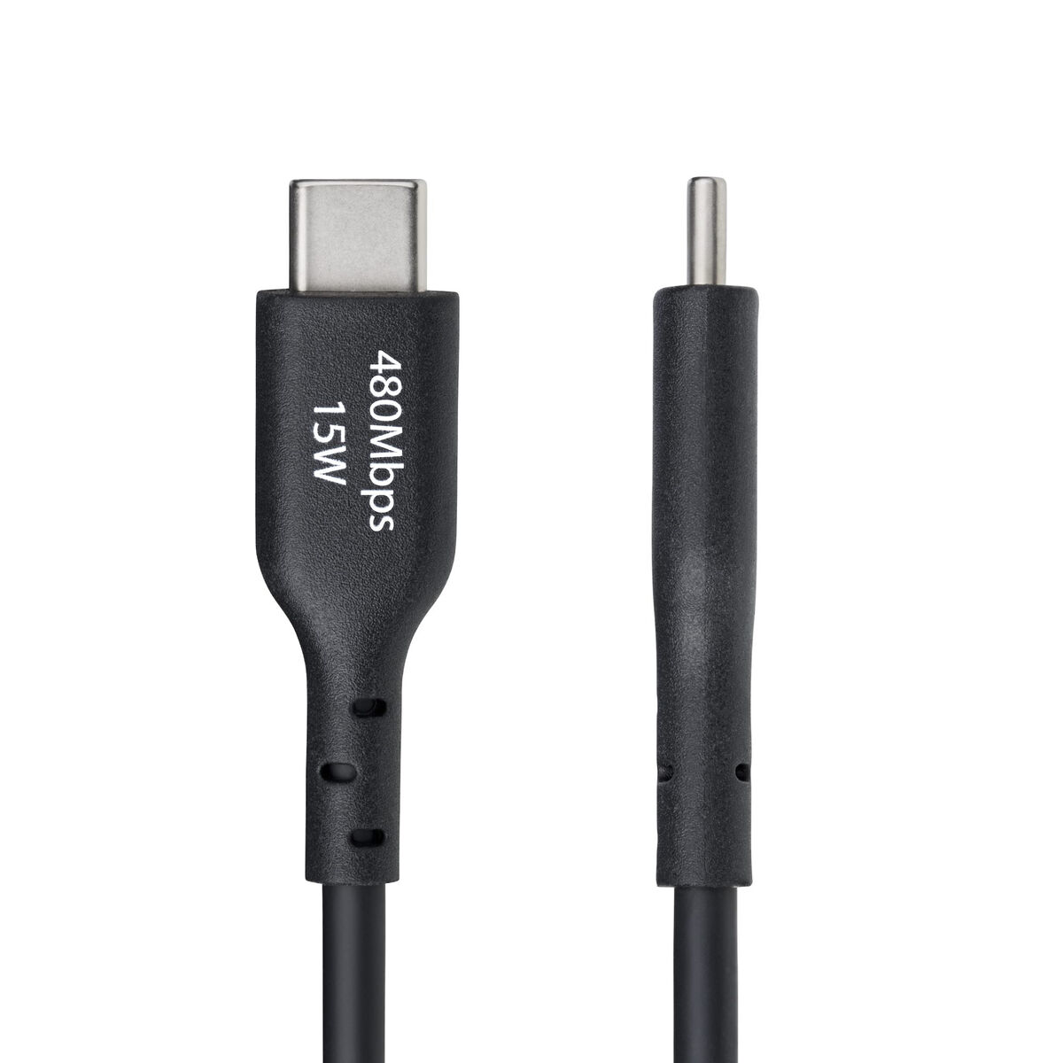 Ein schwarzes USB-C-Kabel mit 480 Mbit/s und 15 W Leistung, weißer Hintergrund.