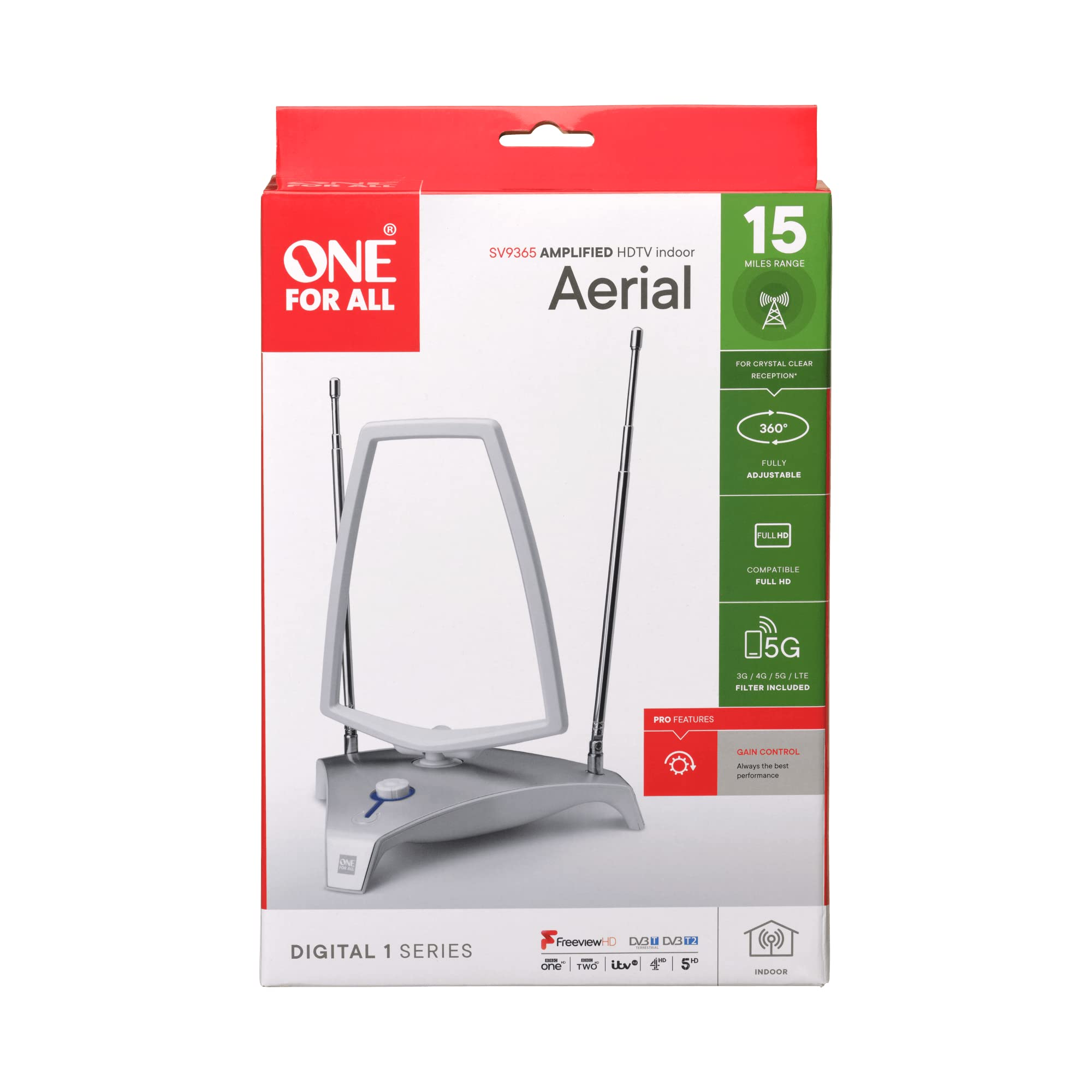 Scatola per un'antenna HDTV ONE FOR ALL con antenne telescopiche e base argentata.