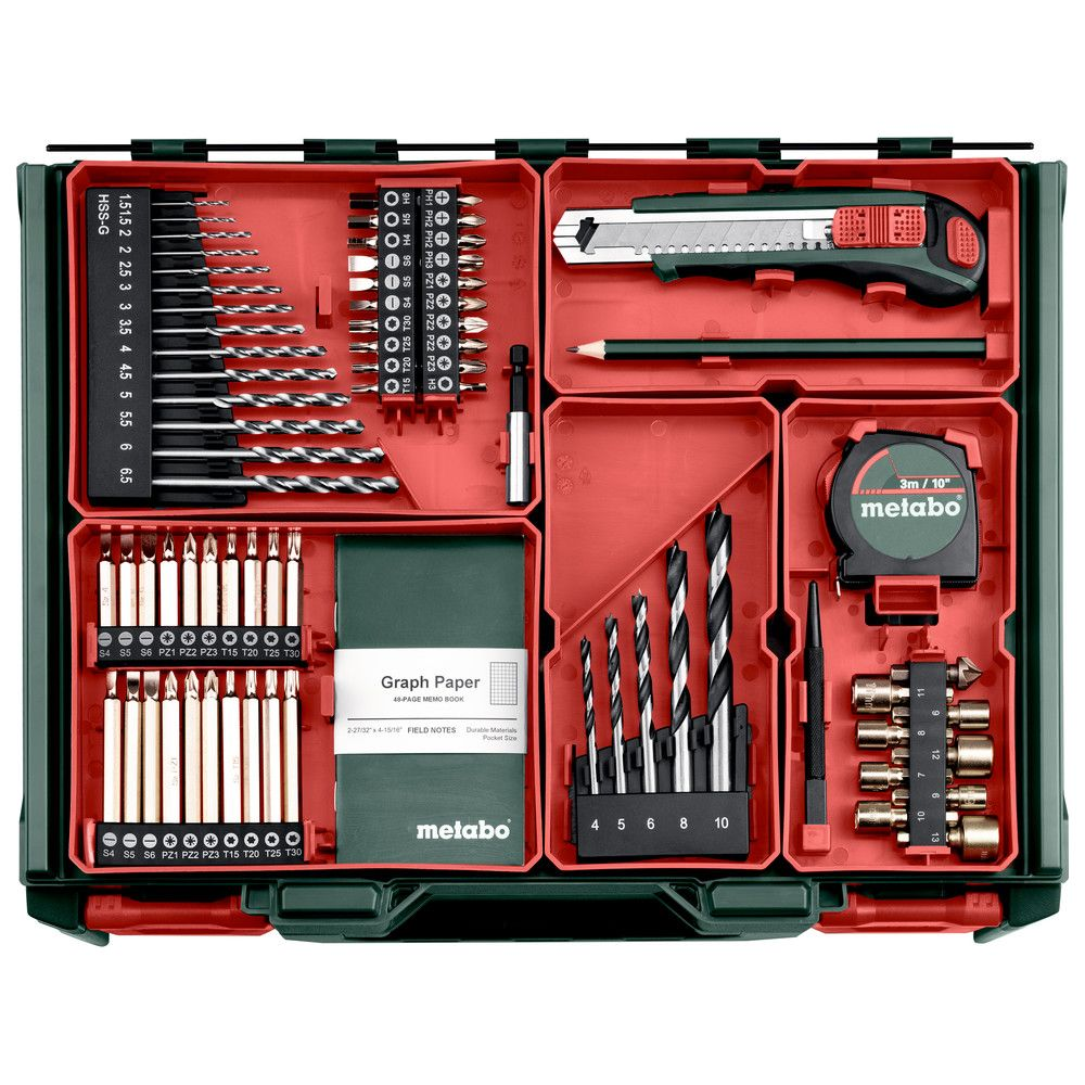 Werkzeugkasten mit Bohrer- und Bit-Sets, Maßband, Cutter und Notizbuch.