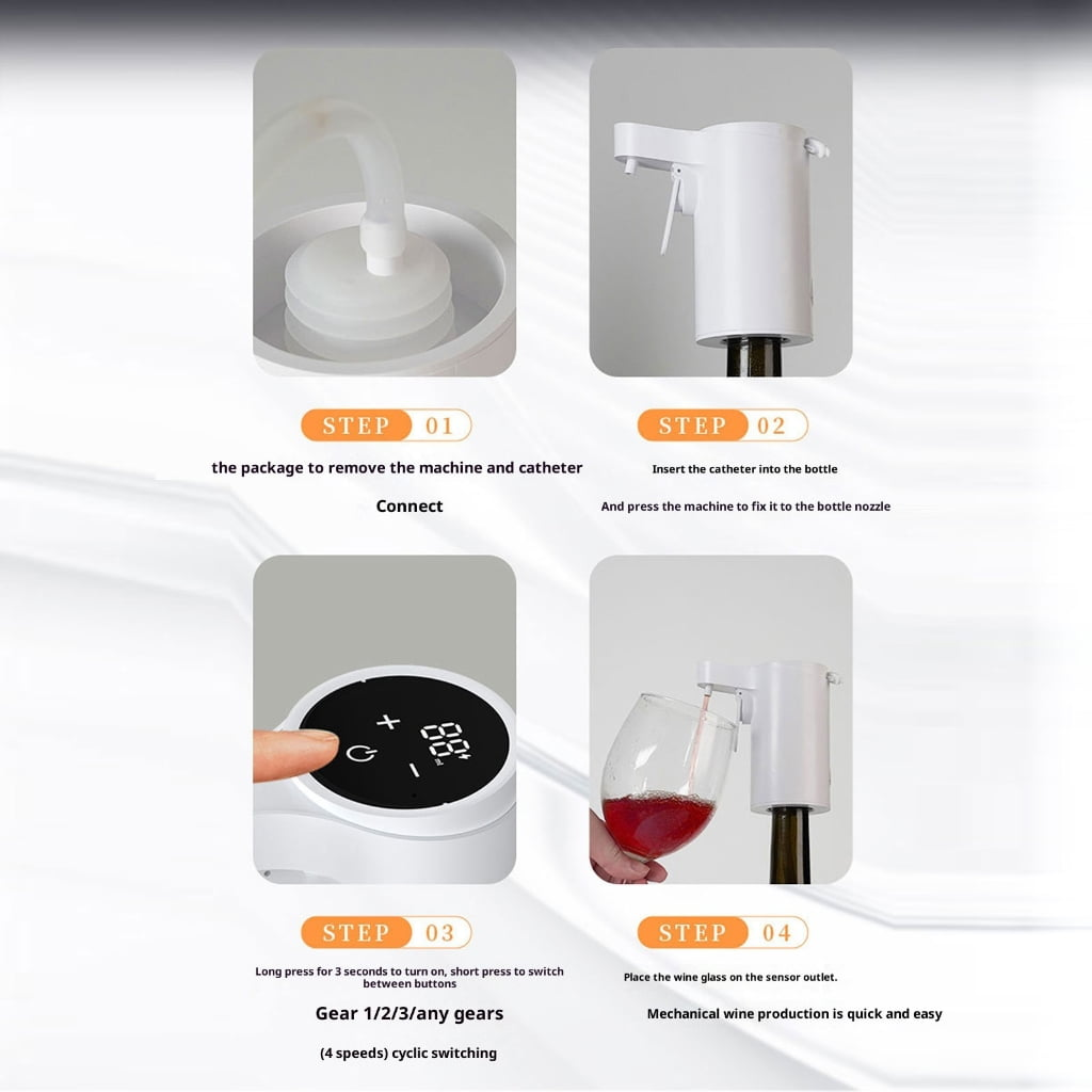 Anleitung für Weinspender: Anschließen, Flasche einsetzen, Knopf drücken, Glas füllen.