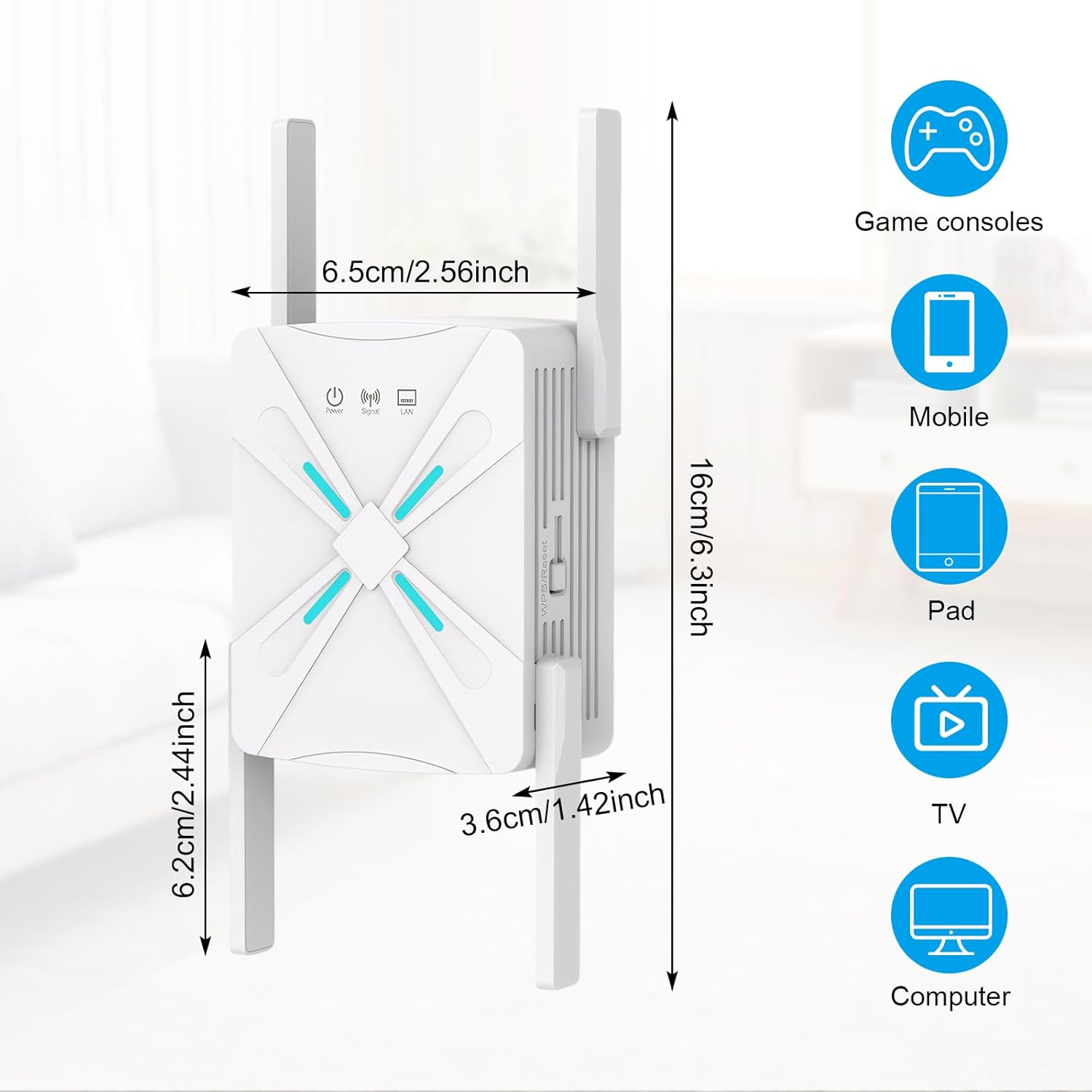 Ein weißer WLAN-Repeater mit Antennen und Maßen wird gezeigt.