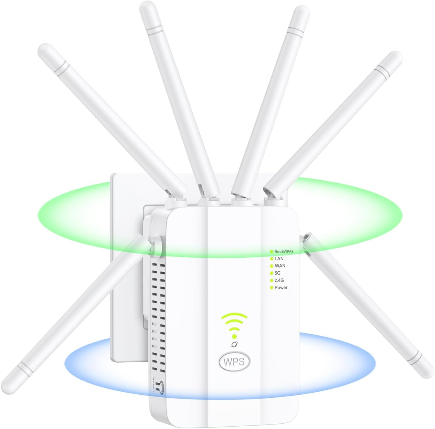 Ein weißer WLAN-Repeater mit vier Antennen, der in eine Wandsteckdose gesteckt ist.