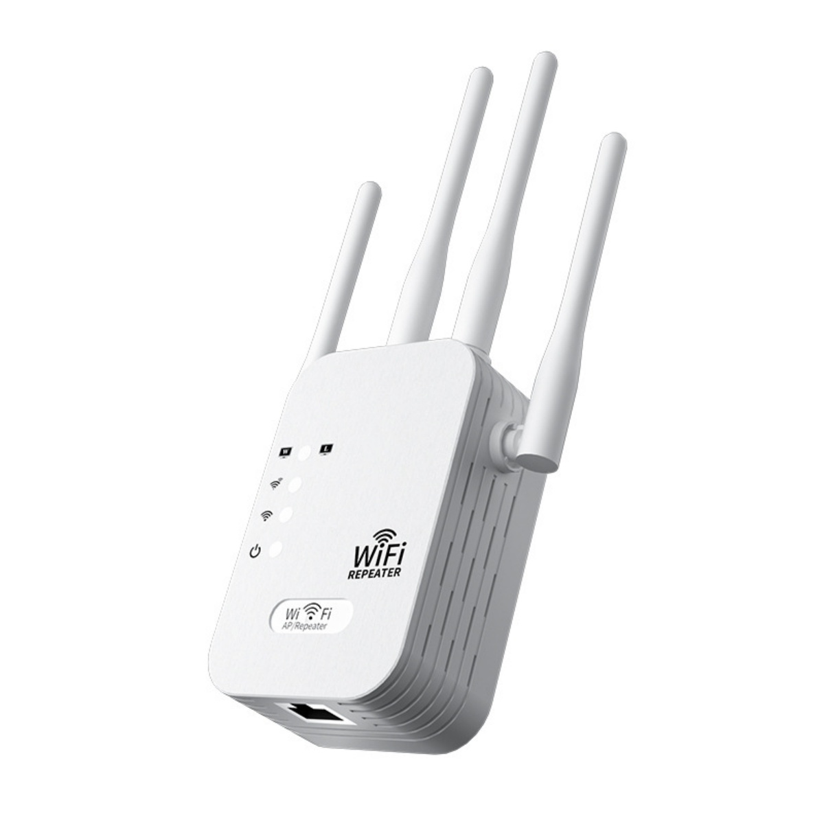 Ein weißer WLAN-Repeater mit drei Antennen und Ladeanschluss.
