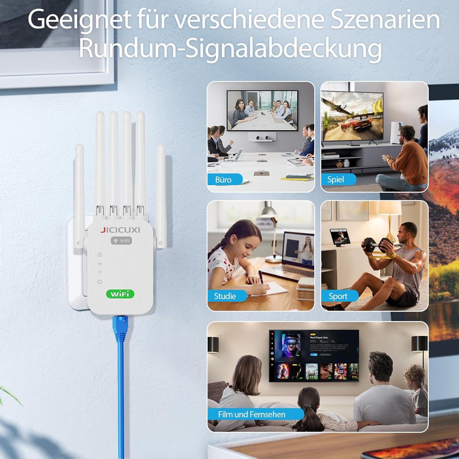 Ein weißer WiFi-Booster mit Antennen, daneben Bilder von Büro, Gaming, Sport und Film.