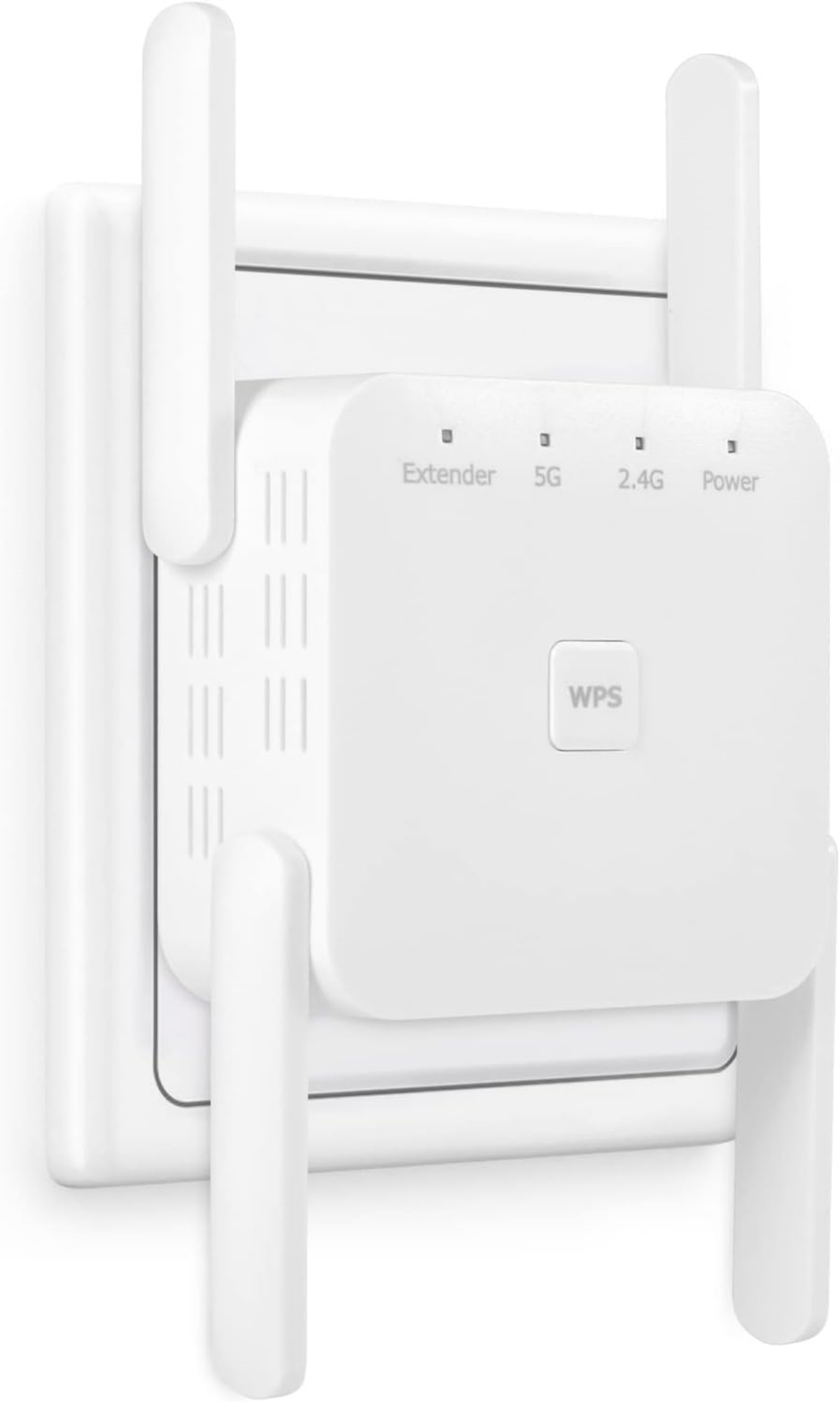 Weißer WLAN-Extender in die Wand gesteckt. Mit WPS-Taste, 5G/2.4G-Leuchten.