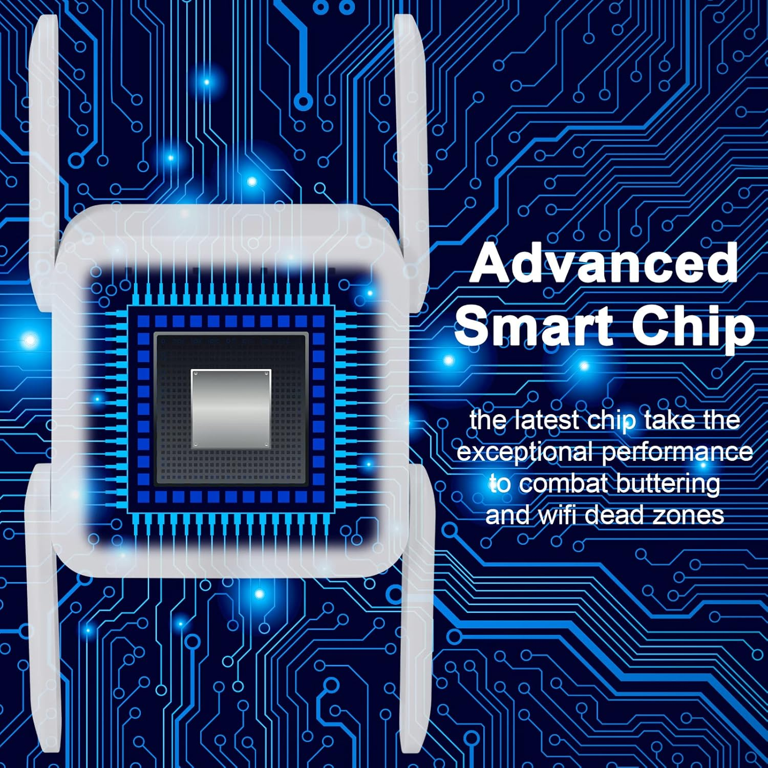 Ein weißer Router mit Antennen sitzt auf einer blauen Platine. Text: 'Advanced Smart Chip'.