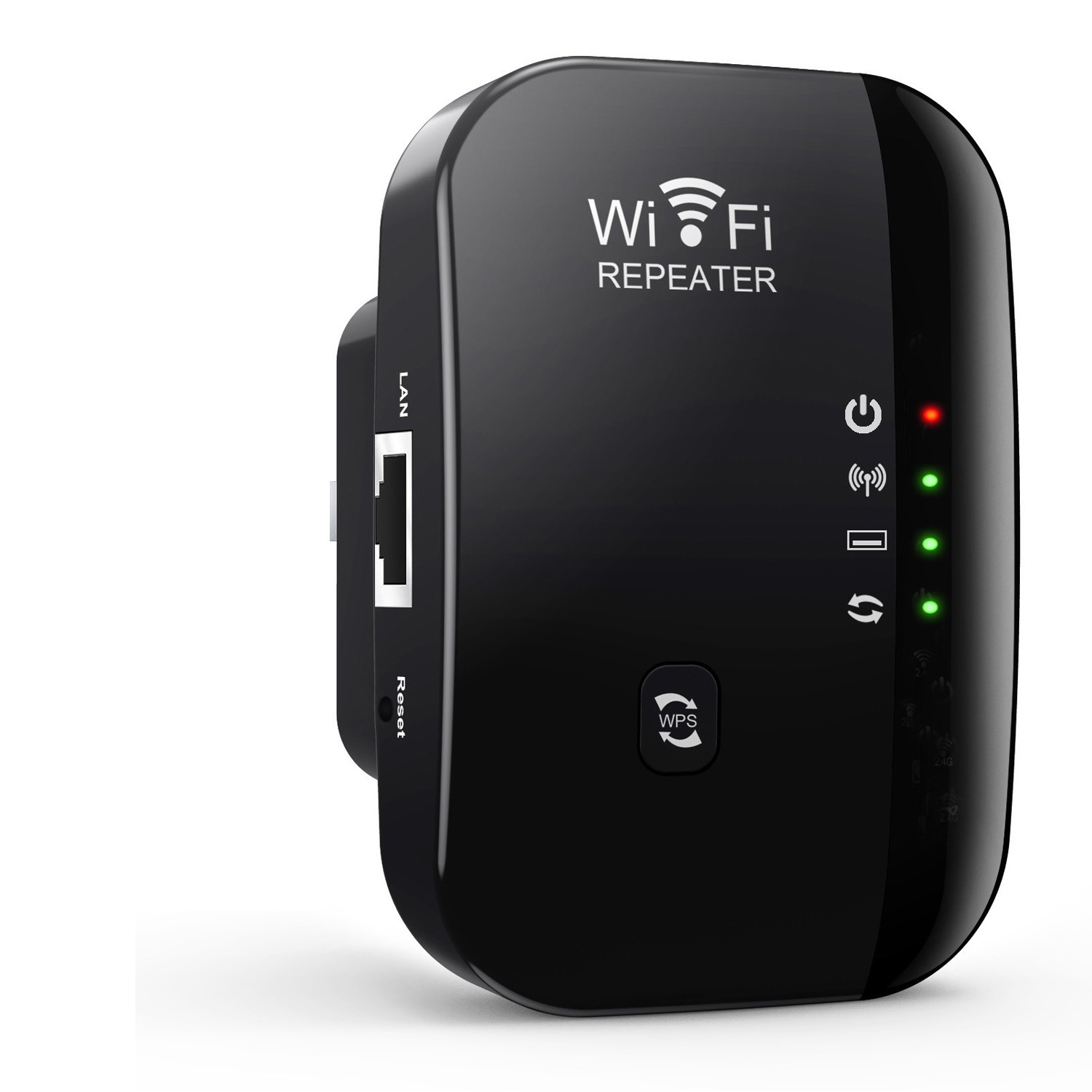 Schwarzer WLAN-Repeater mit LAN-Anschluss, Reset-Taste und WPS-Taste. LEDs zeigen Status an.