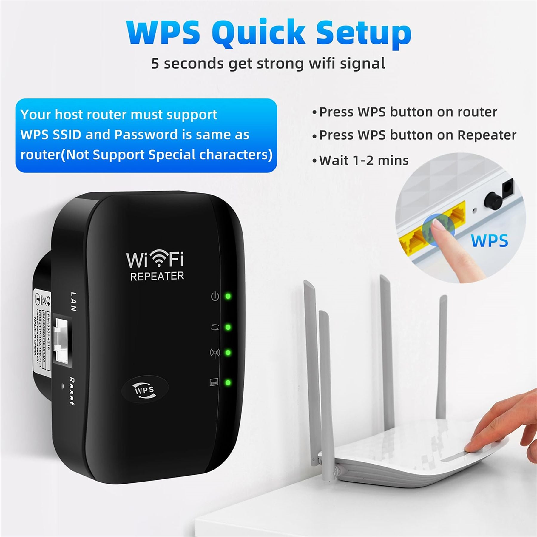 Ein schwarzer WLAN-Repeater neben einem weißen Router mit Antennen. Eine Hand drückt den WPS-Knopf am Router.