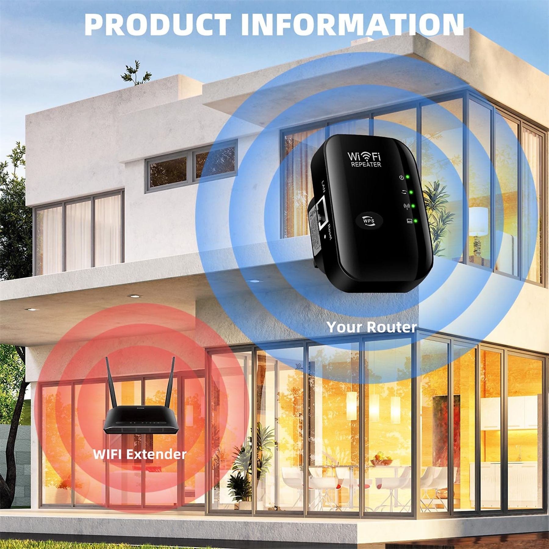 Ein WLAN-Repeater und ein Router vor einem modernen Haus mit Glasfronten.