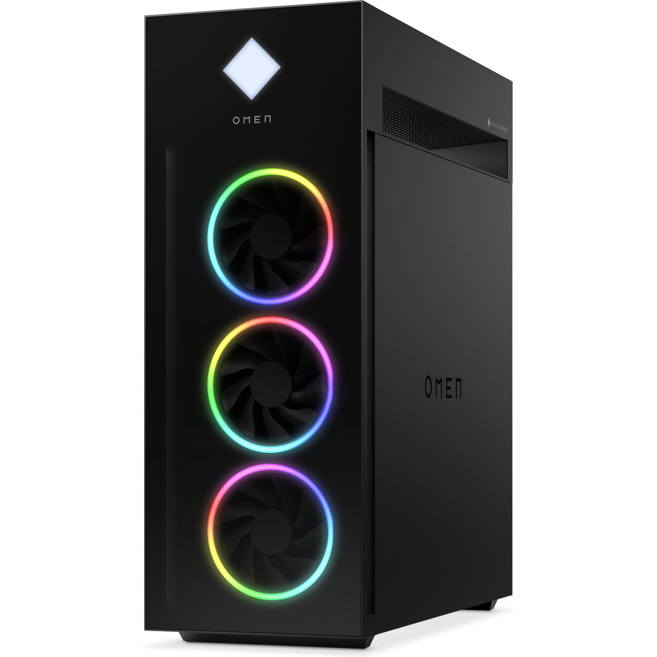 Zwarte pc-behuizing met drie verlichte ventilatoren en OMEN-logo.