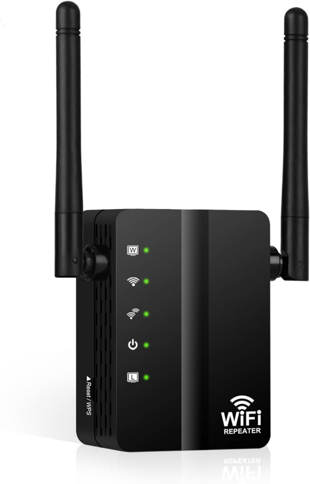 Ein schwarzer WLAN-Repeater mit zwei Antennen und grünen LED-Anzeigen.