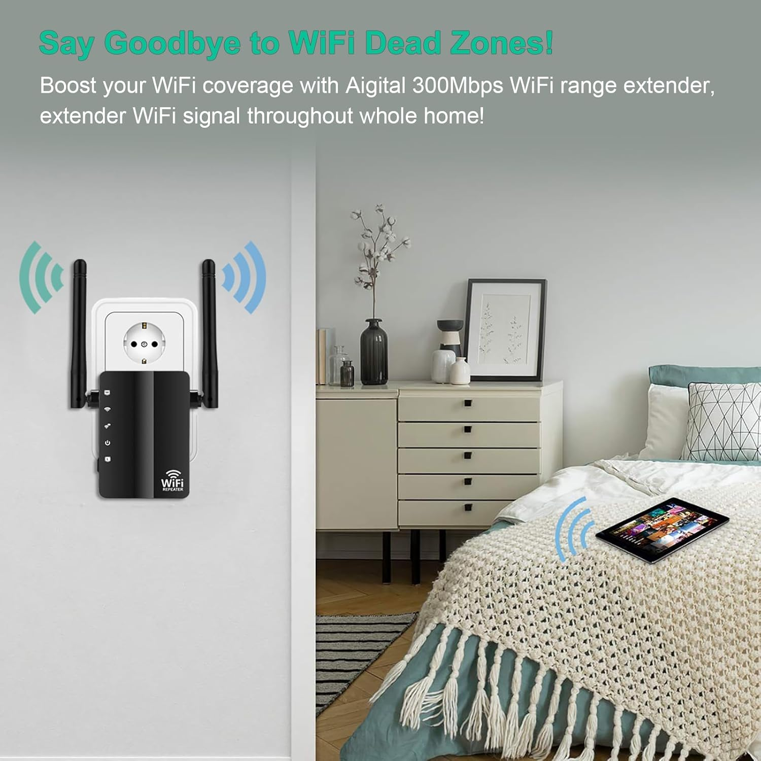 Ein schwarzer WLAN-Repeater steckt in einer Steckdose an einer Wand.