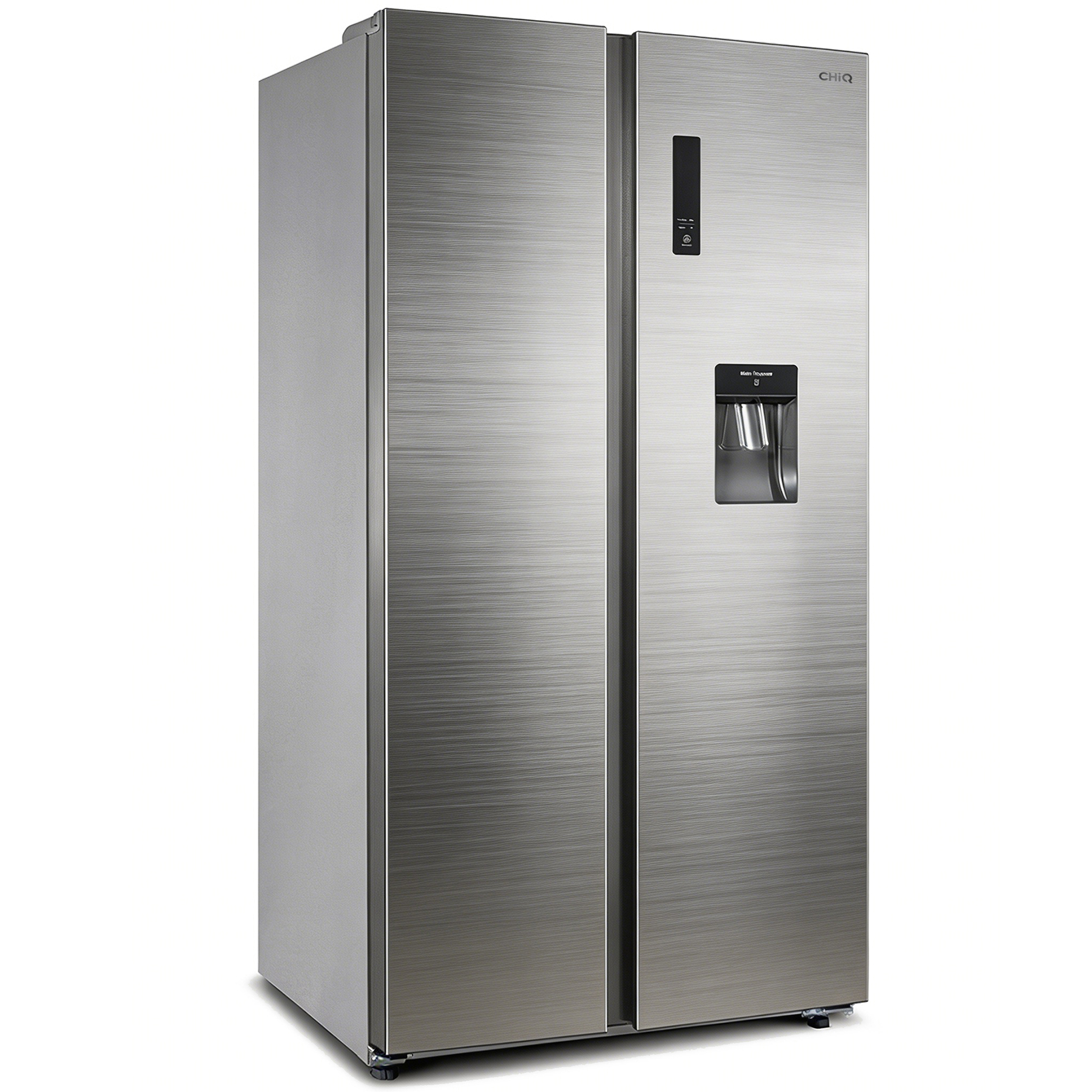 Doppeltür-Kühlschrank aus gebürstetem Edelstahl mit Wasserspender und schwarzem Bedienfeld.