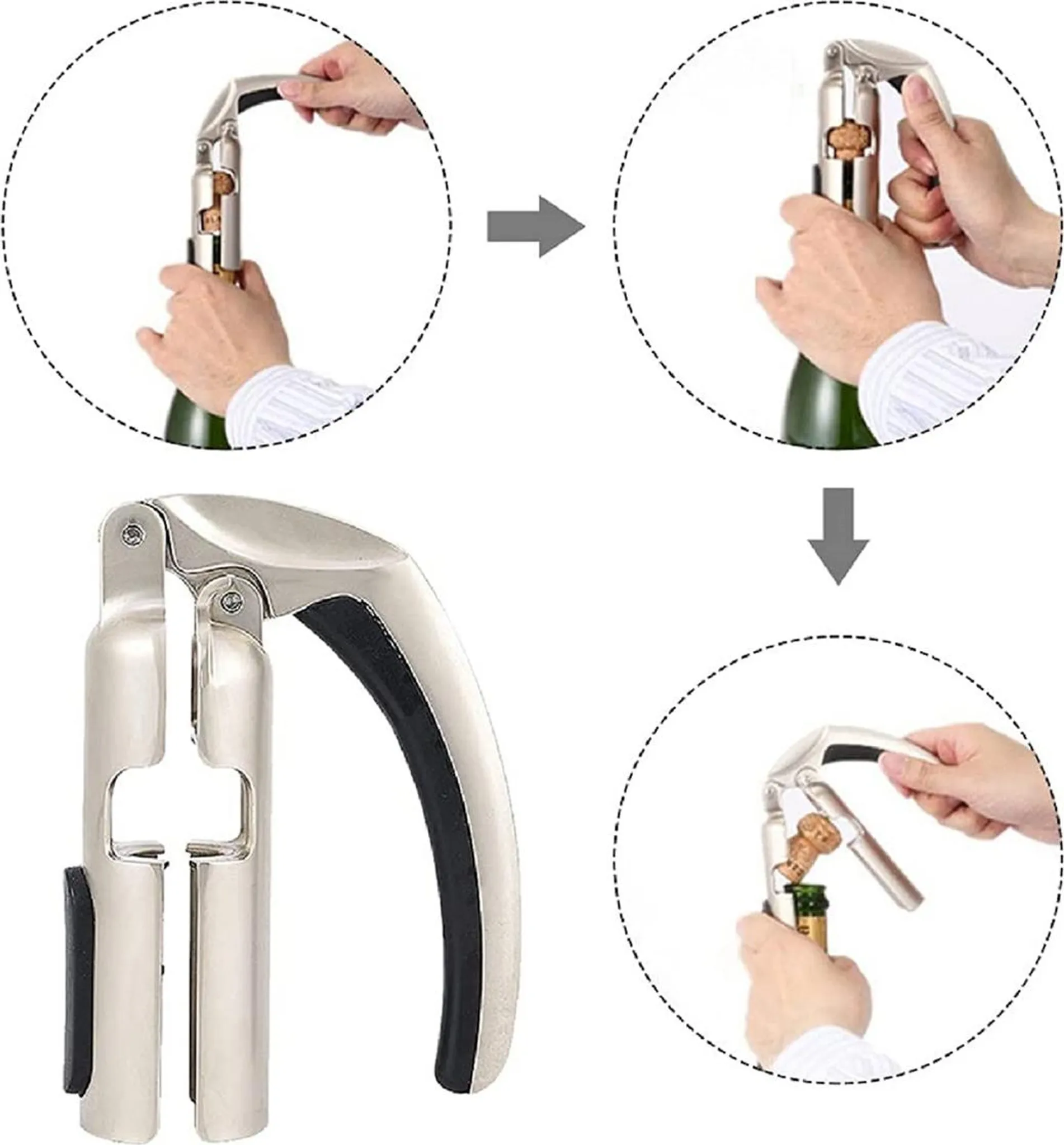 Silberner Korkenzieher öffnet Flasche mit Korken. Schritt-für-Schritt-Anleitung.