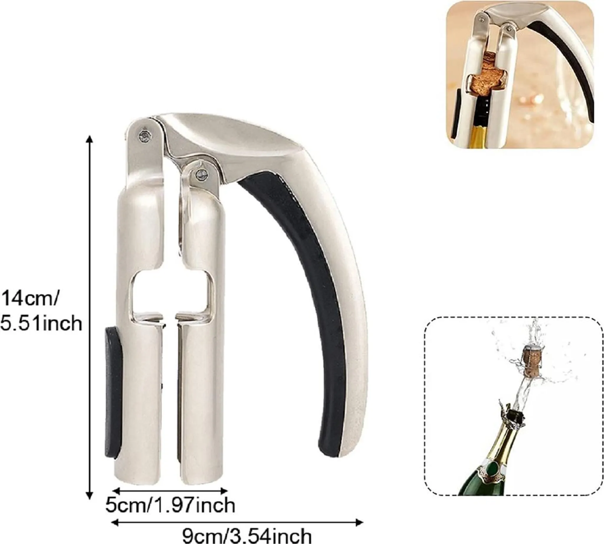 Champagneröffner aus Metall mit schwarzem Griff, der einen Korken aus einer Flasche zieht.