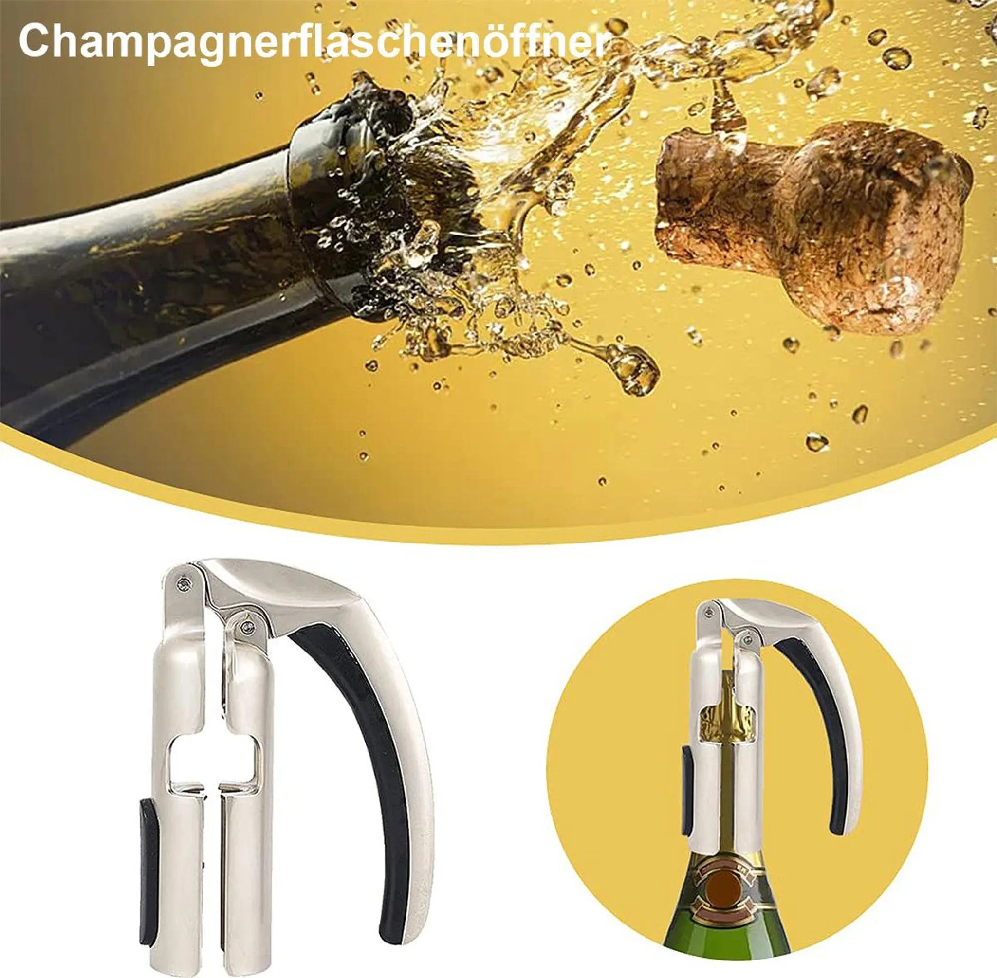 Champagnerflaschenöffner mit spritzendem Champagner und Korken im Oberteil.