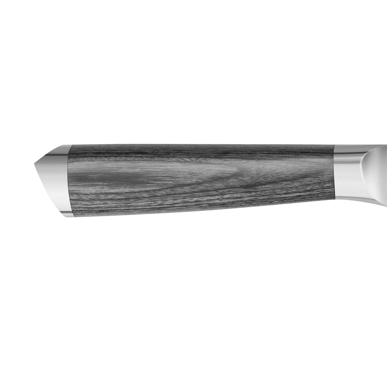 Griff eines Messers mit Holzmaserung und Metallelementen.