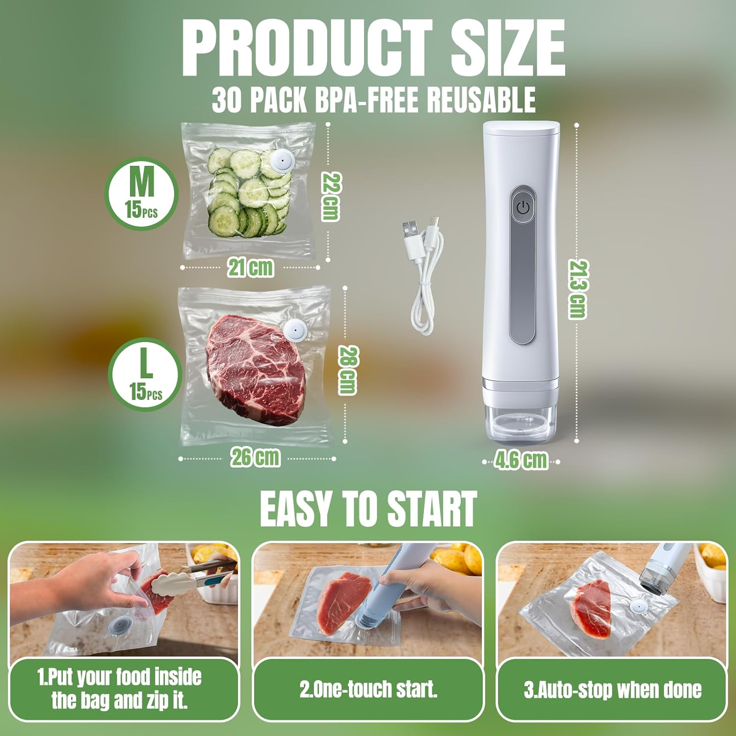 Vakuumierer mit Beuteln: 1x M (15 Stk. Gurken), 1x L (15 Stk. Steak).