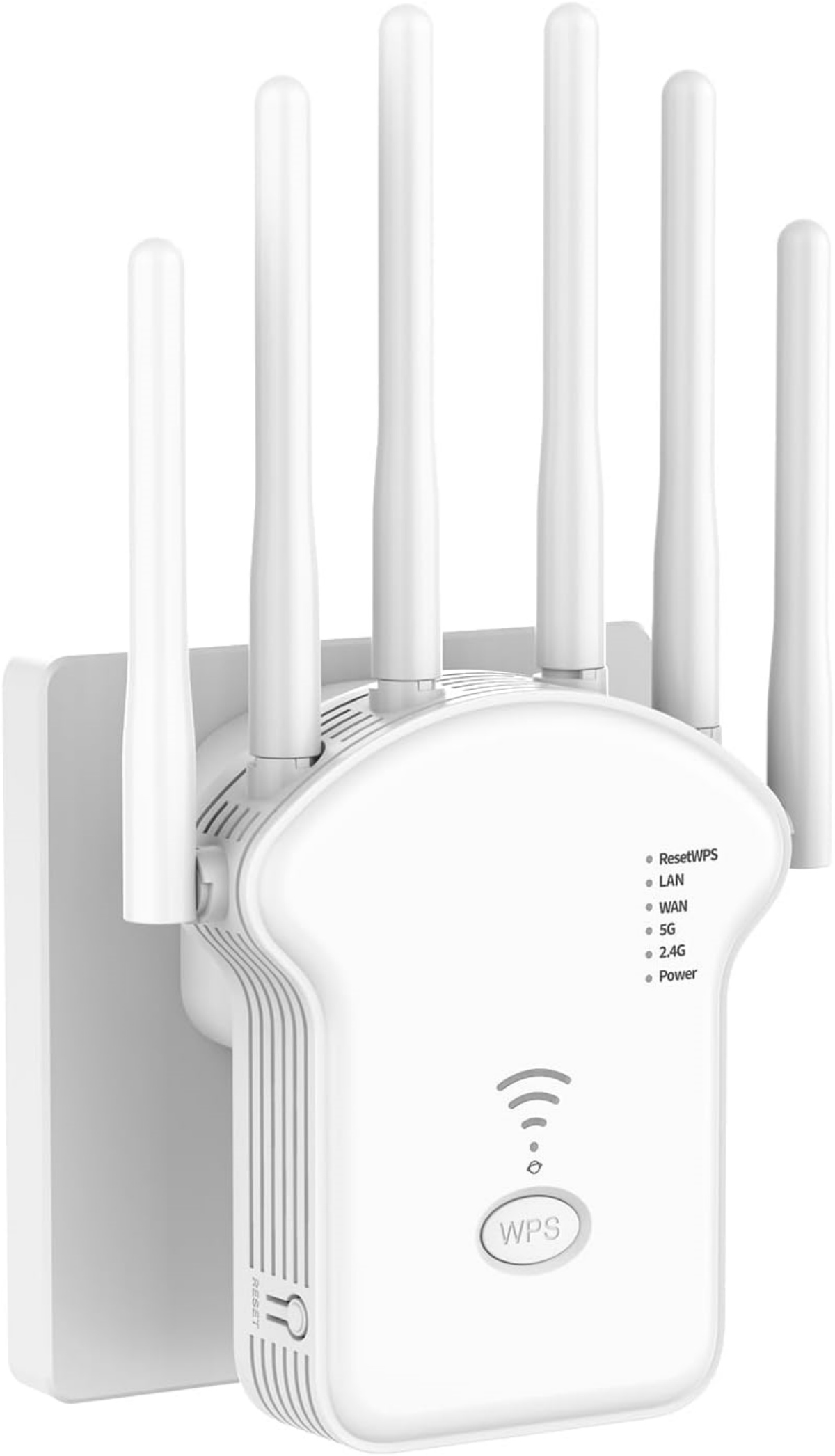 Ein weier WLAN-Router mit fünf Antennen und WPS-Taste.
