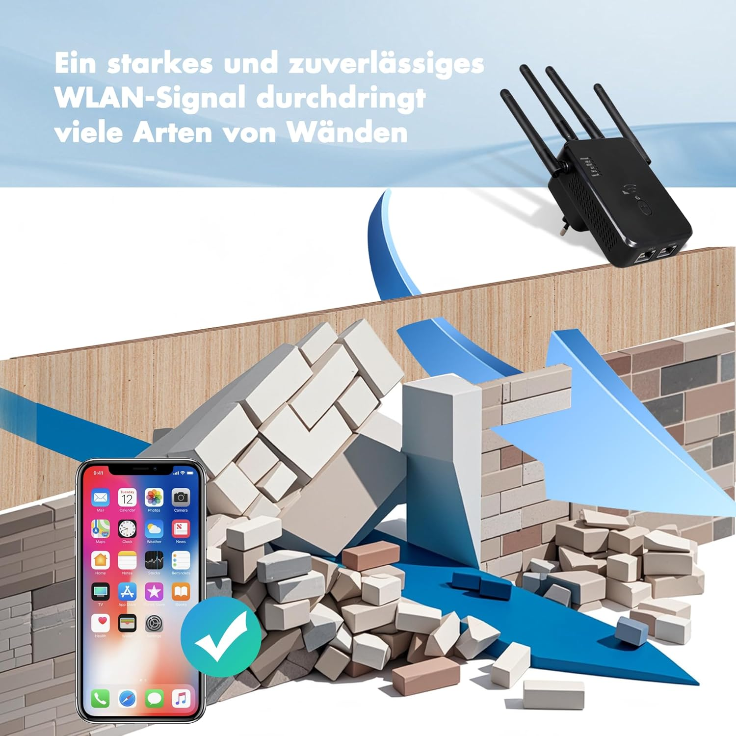 WLAN-Verstärker mit Antennen, iPhone, zerbrochene Wände und Bausteine.