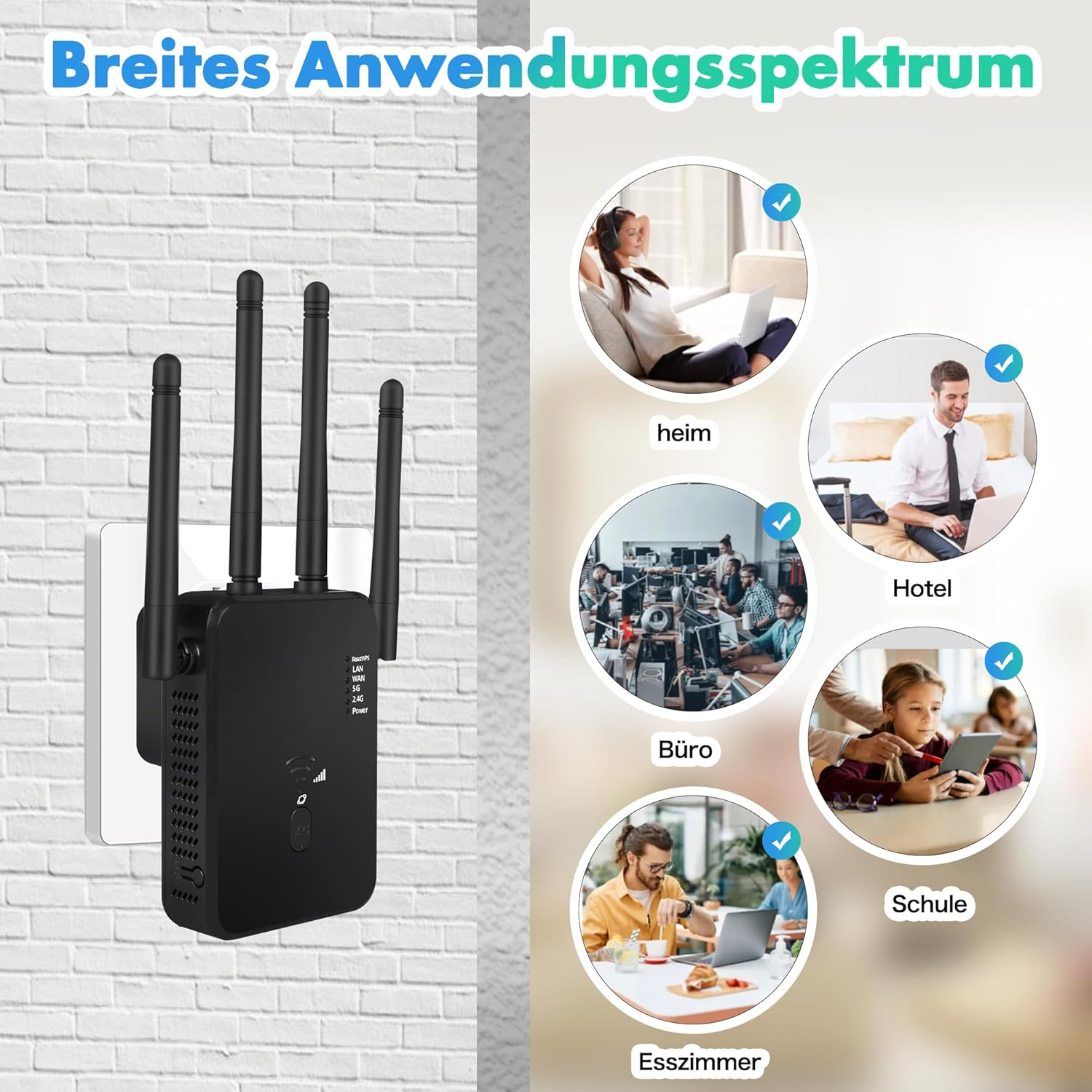 Ein schwarzer WLAN-Repeater mit Antennen, der für Heim, Büro, Hotel, Schule und Esszimmer wirbt.