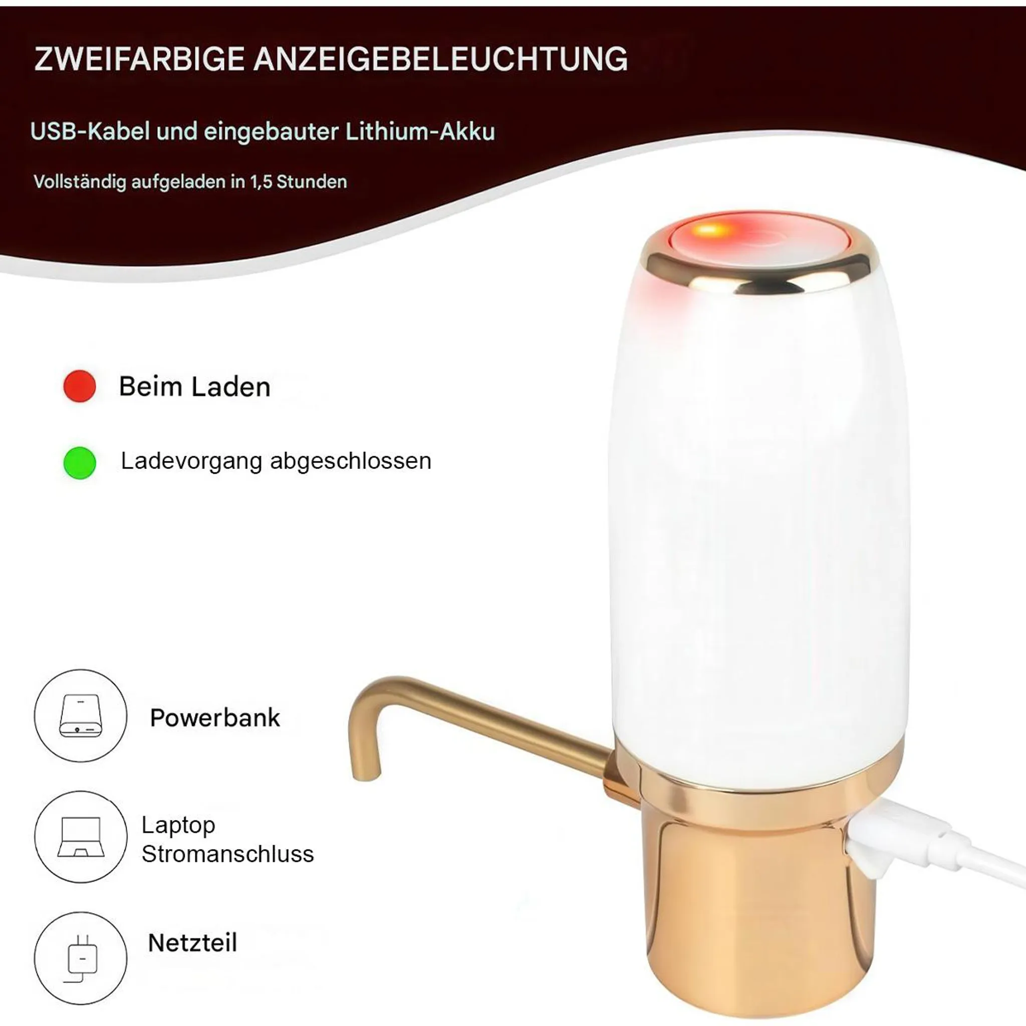 Eine weiße und goldene Wasserpumpe mit rotem Licht oben, USB-Kabel angeschlossen.