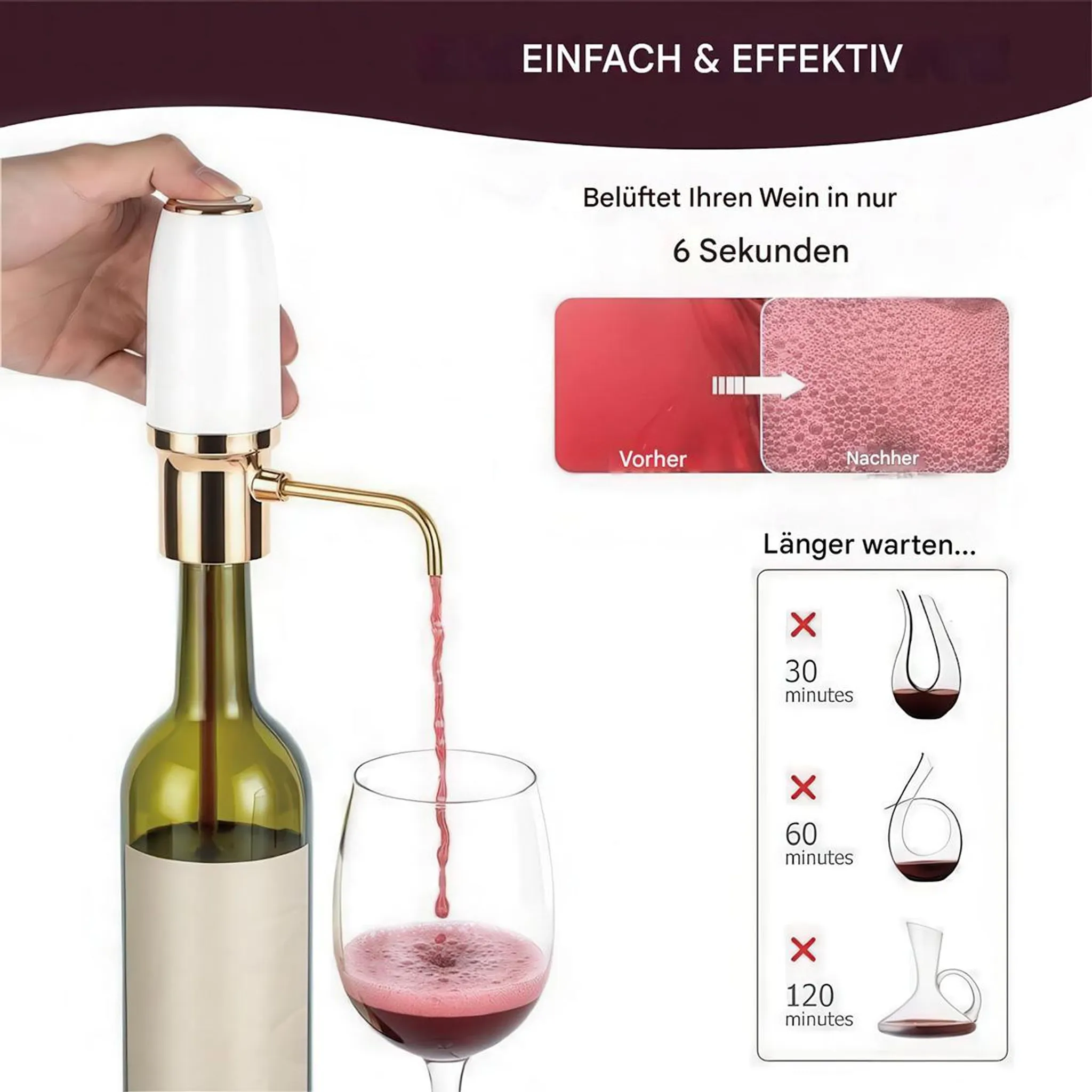 Weinspender belüftet Wein schnell in ein Glas aus einer Flasche.