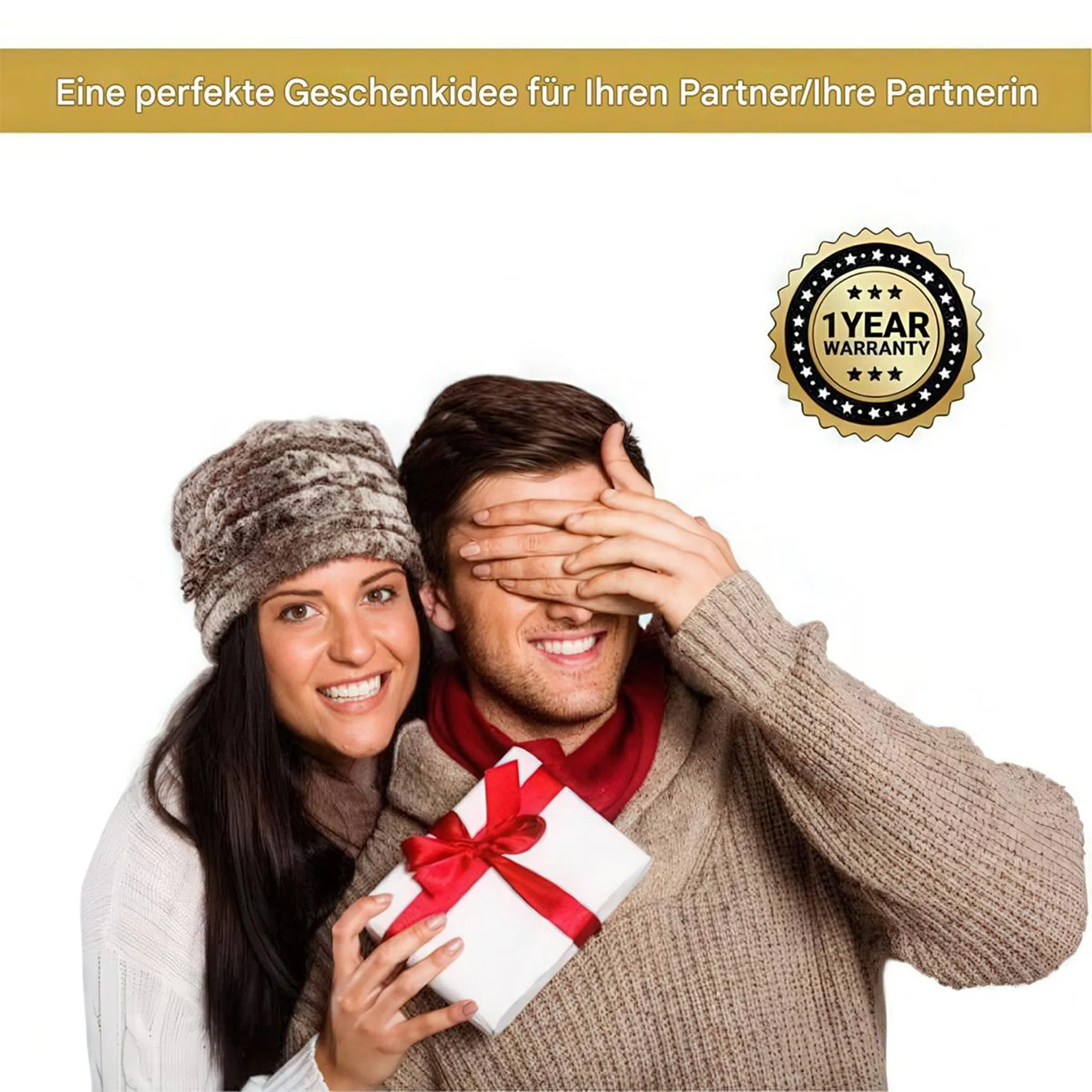 Frau mit Geschenkidee und Mann mit verdeckten Augen, 1 Jahr Garantie-Siegel.