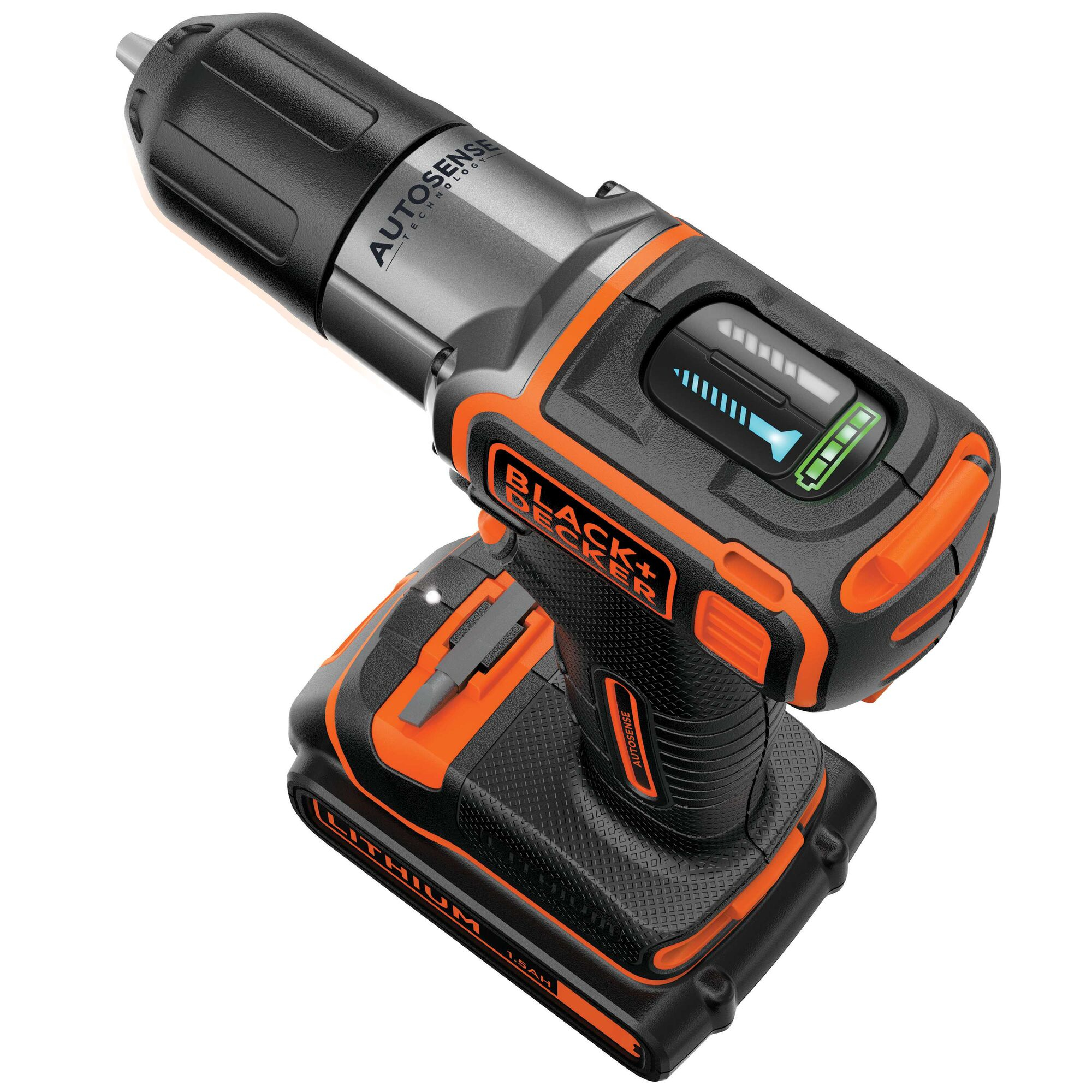 Un trapano a batteria nero e arancione con indicatore di carica.
