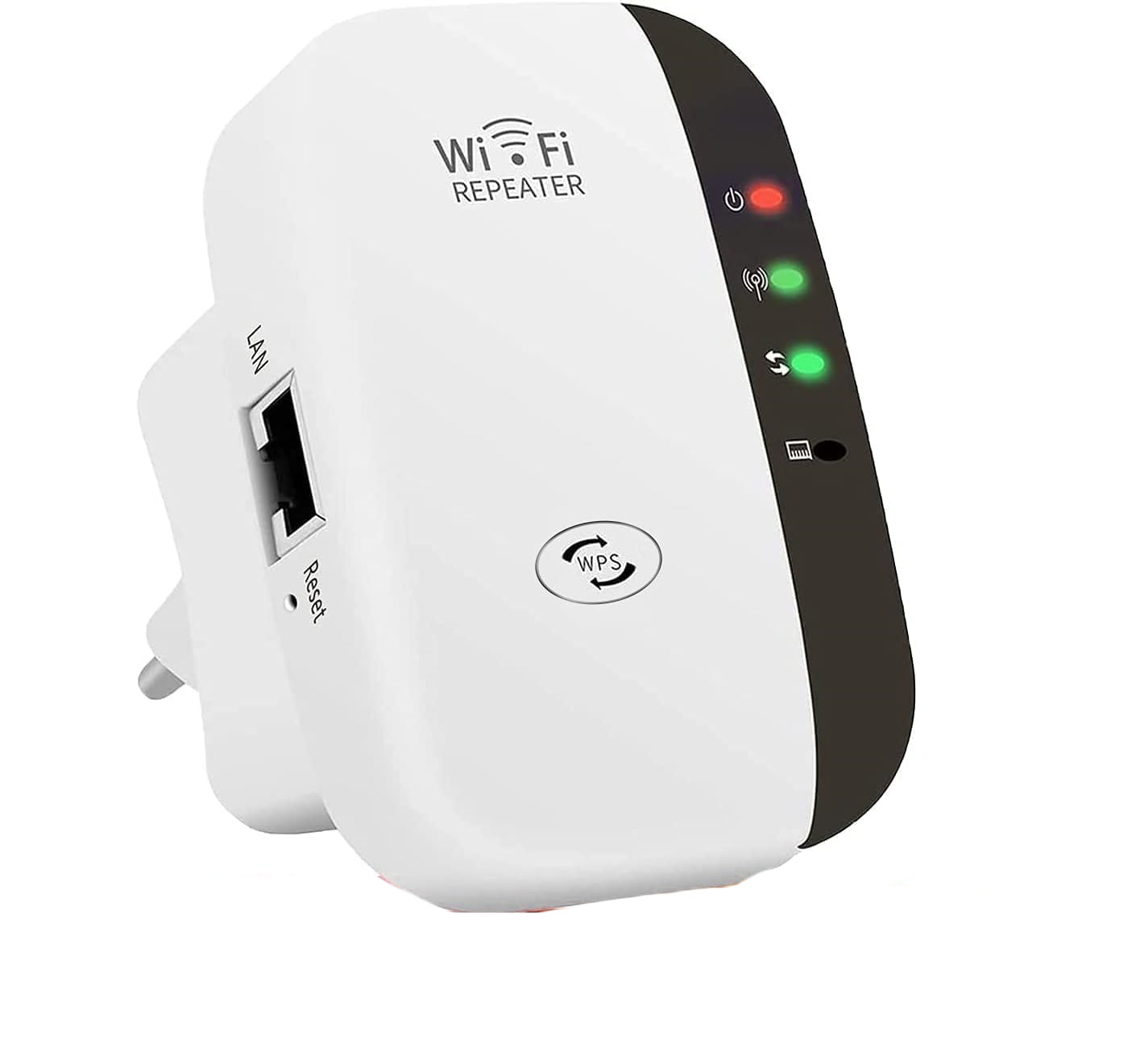 Weißer WLAN-Repeater mit LAN-Anschluss, WPS-Taste und Kontrollleuchten.
