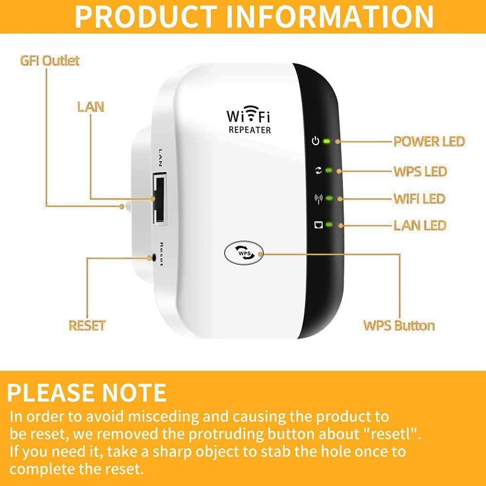 Ein weißer WLAN-Repeater mit LAN-Anschluss und Reset-Knopf.