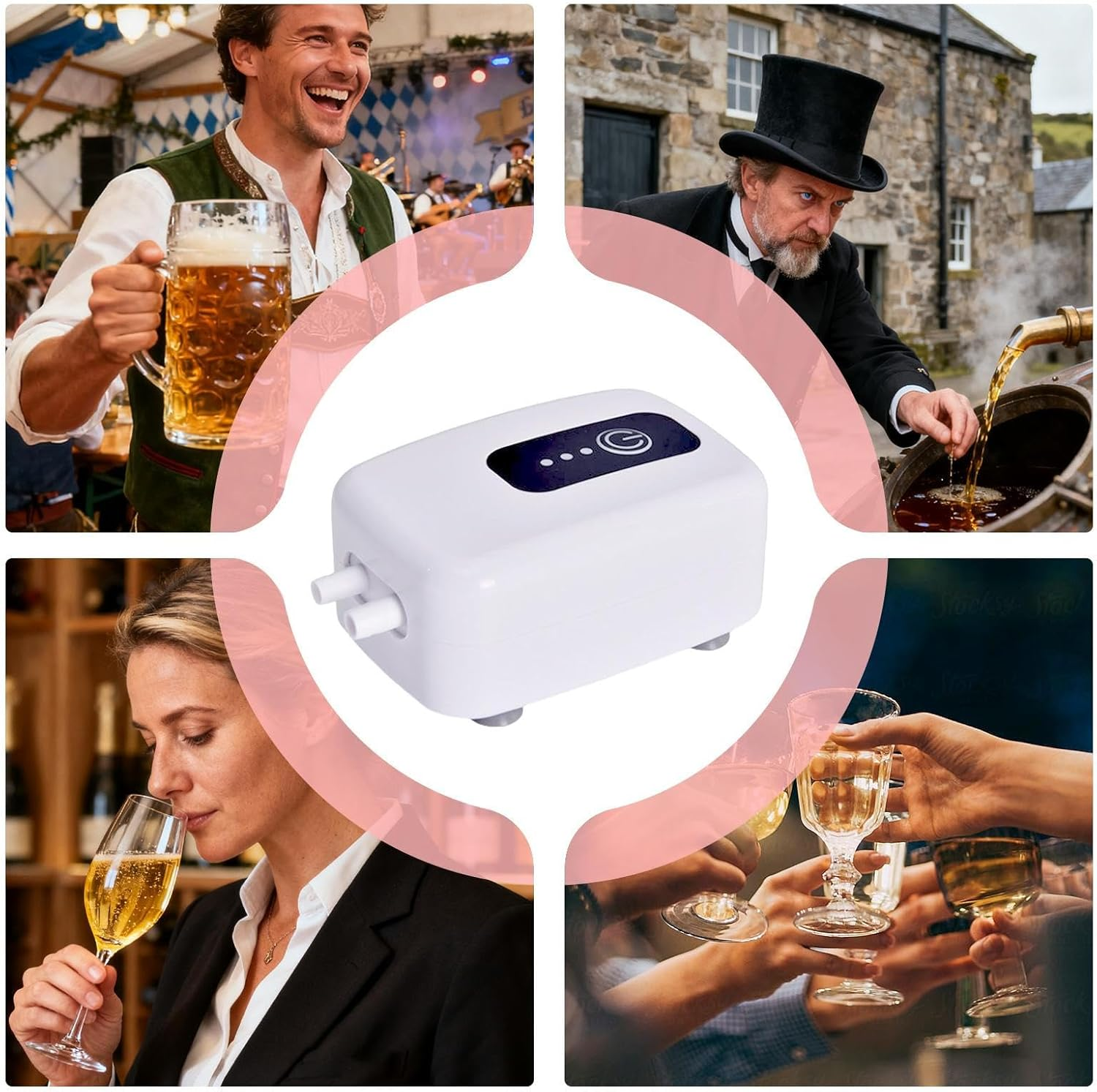 Ein Mann mit Bierkrug, Mann in Zylinder, Frau mit Champagner, Händeschale; weißes Gerät.